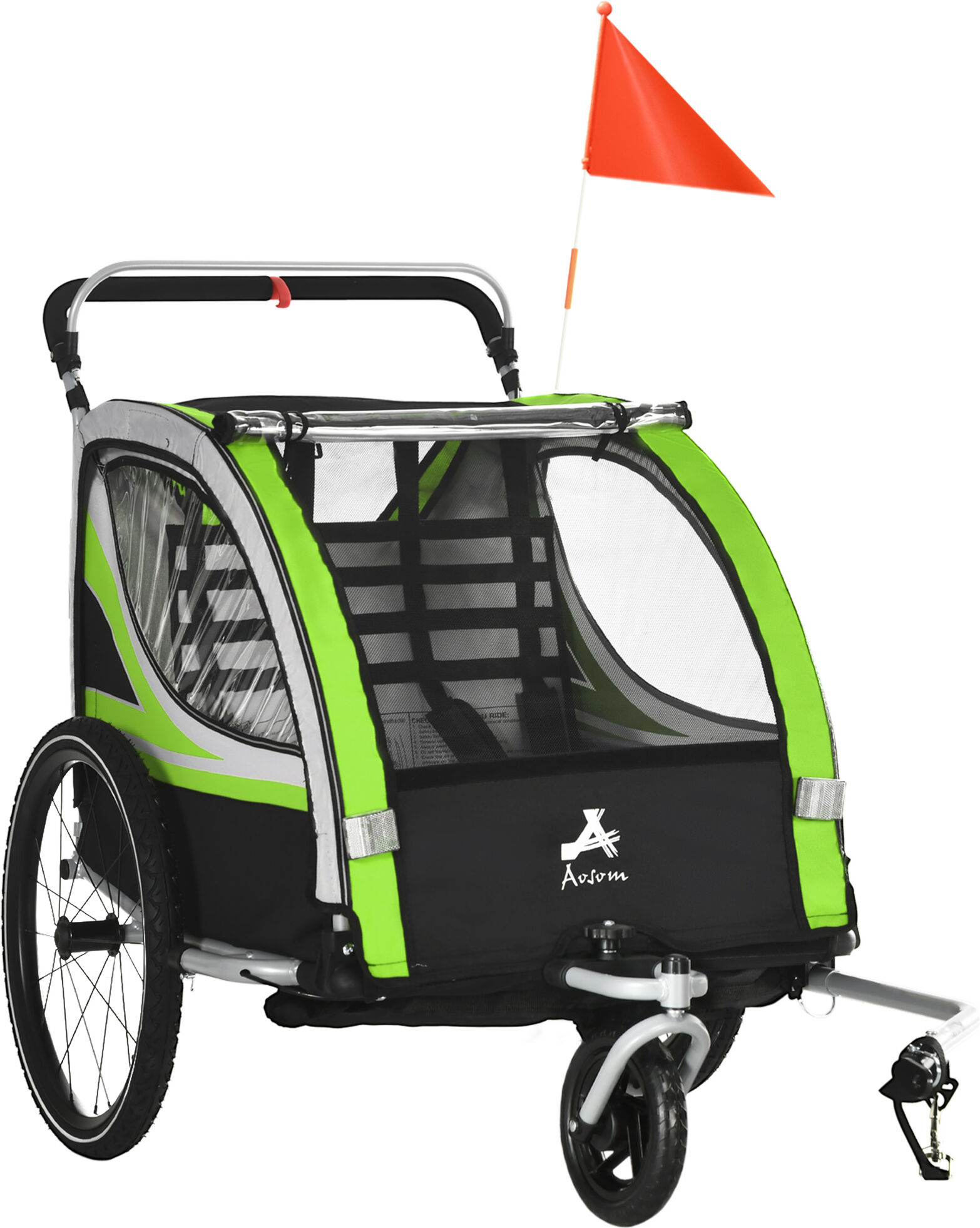 Aosom 2-in-1 Child Bike Traile, Baby Stroller with Brake, Storage Bag, Safety Flag, Reflectors & 5 Point Harness, Green