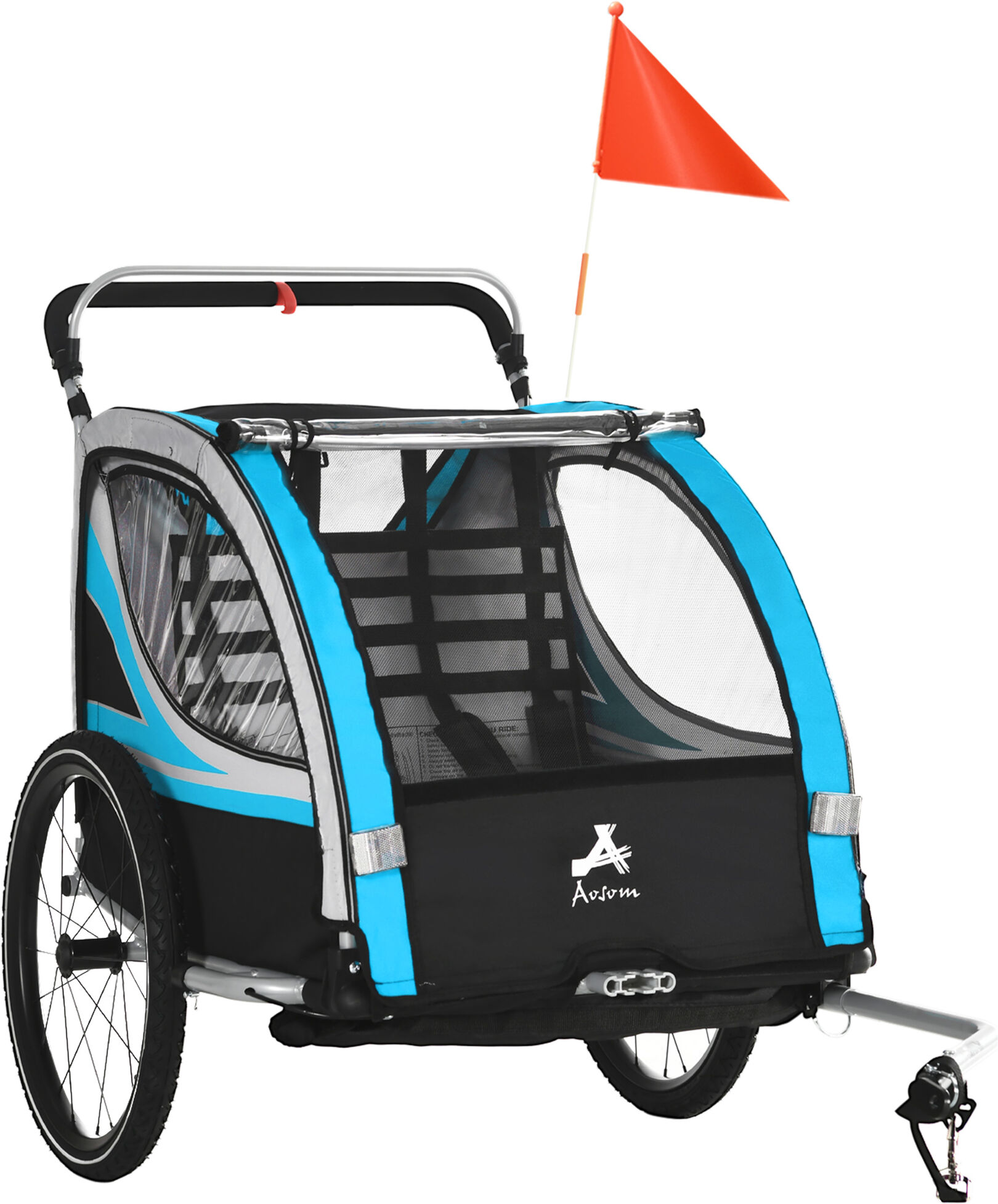 Aosom 3-in-1 Bike Trailer for Kids, Running Stroller with 2 Seats, Jogging Cart with 5-Point Harness, Storage Units, Blue