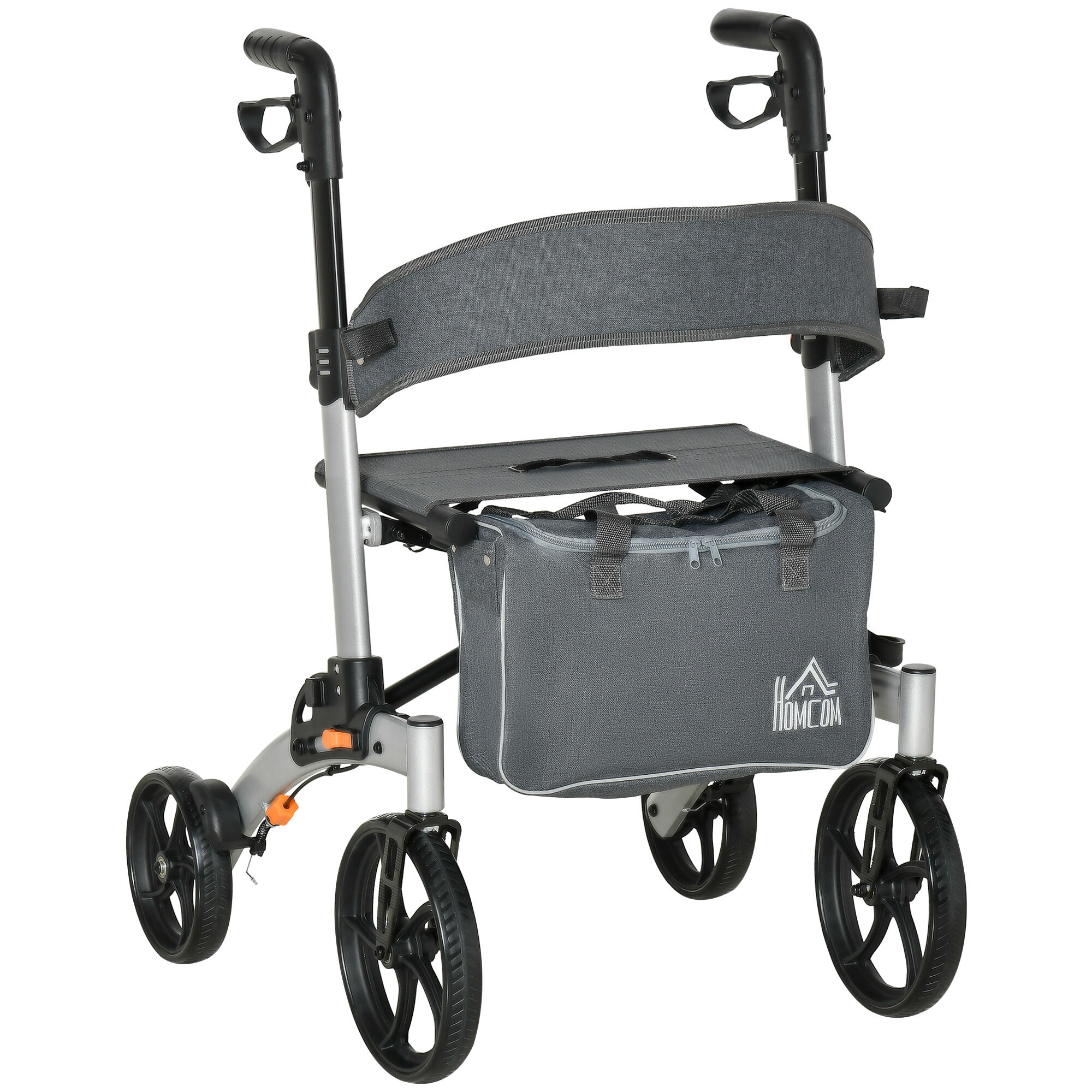 HOMCOM Rollator Walker with Seat for Senior, Upright Walker with 10" PVC Wheels and Hand Brake, Aluminum Rollator with Storage Basket, Silver