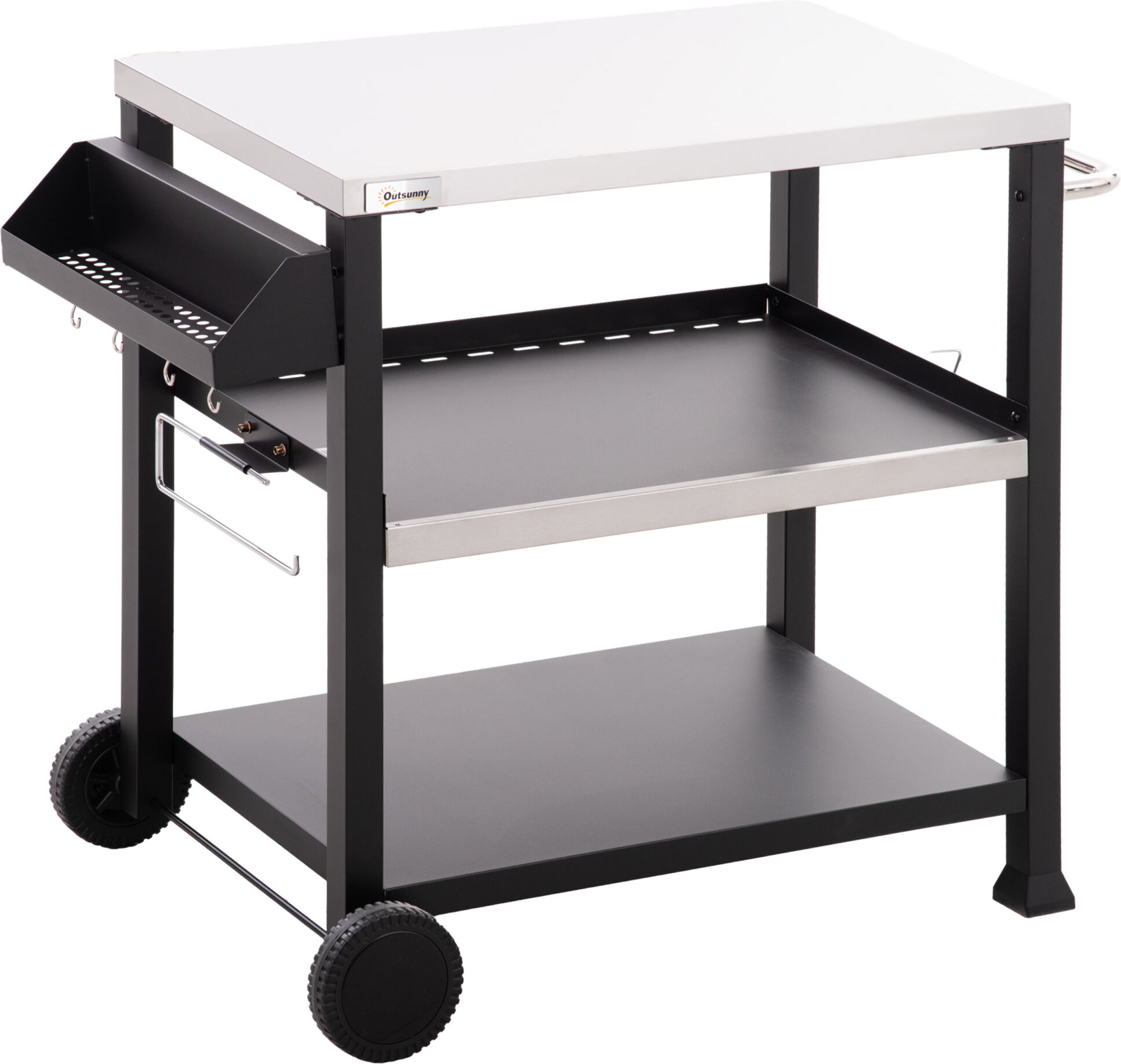 Outsunny Outdoor Grill Cart Table 3-Shelf with Side Handle Stainless Steel Pizza Oven Stand BBQ Wheels Black   Aosom.com