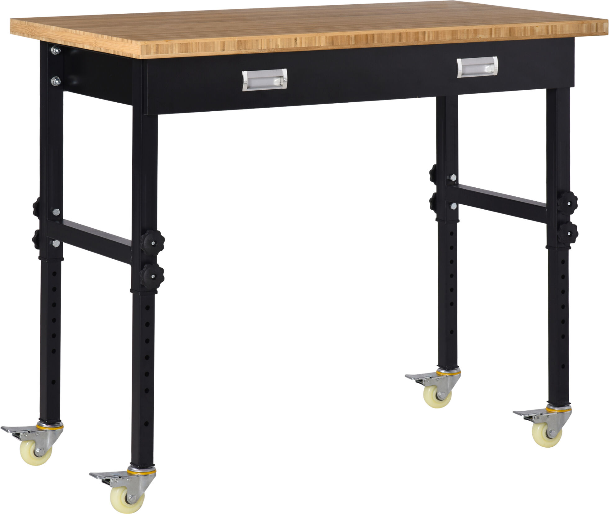 HOMCOM 47" Work Bench, Bamboo Tabletop Workstation Tool Table, Height Adjustable Work Table with Lockable Casters, Organizer Drawer for Garage