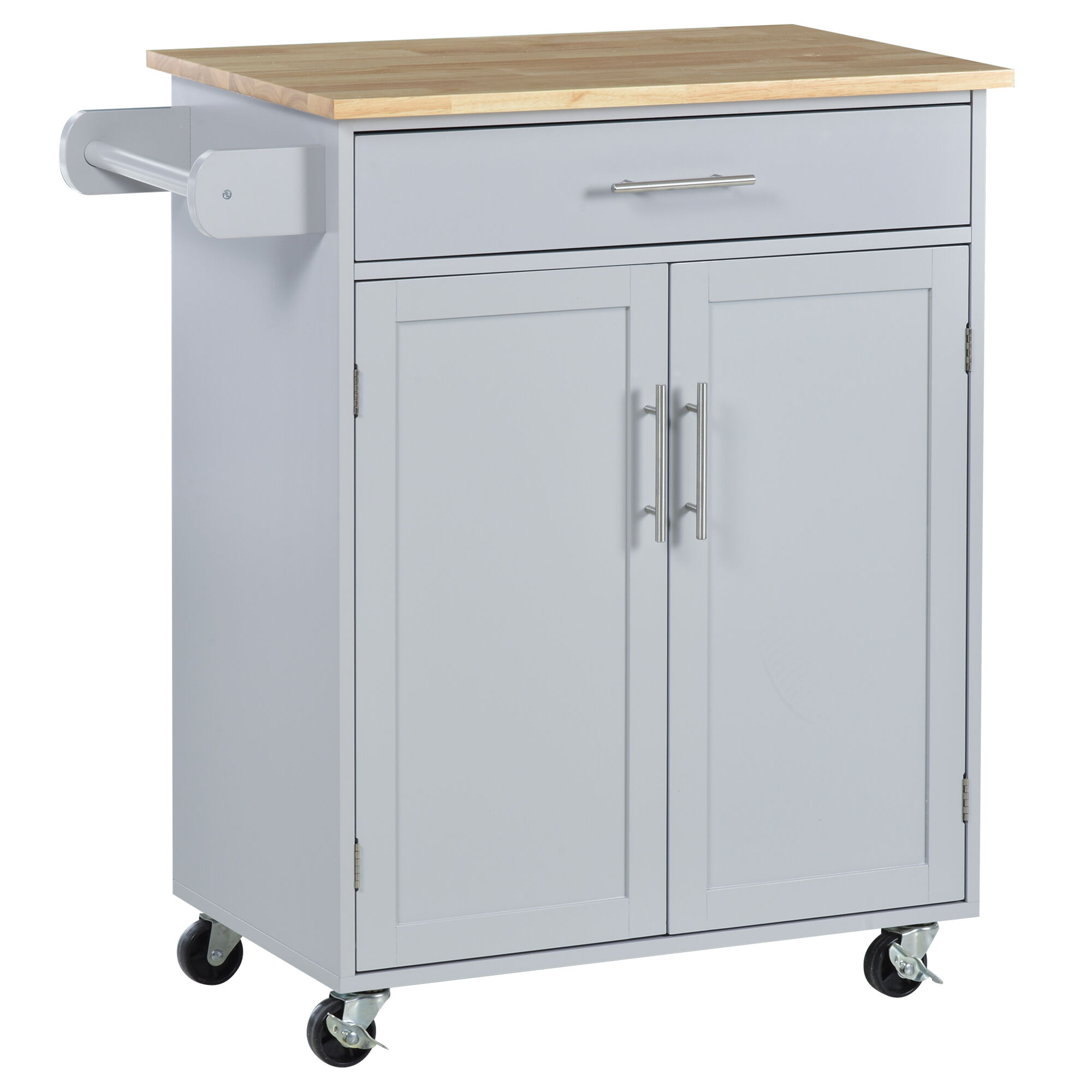 HOMCOM Portable Kitchen Island Cart, Mobile Rolling Trolley Cart with Drawer, Storage Cabinet, Towel Rack & Lockable Wheels, Gray