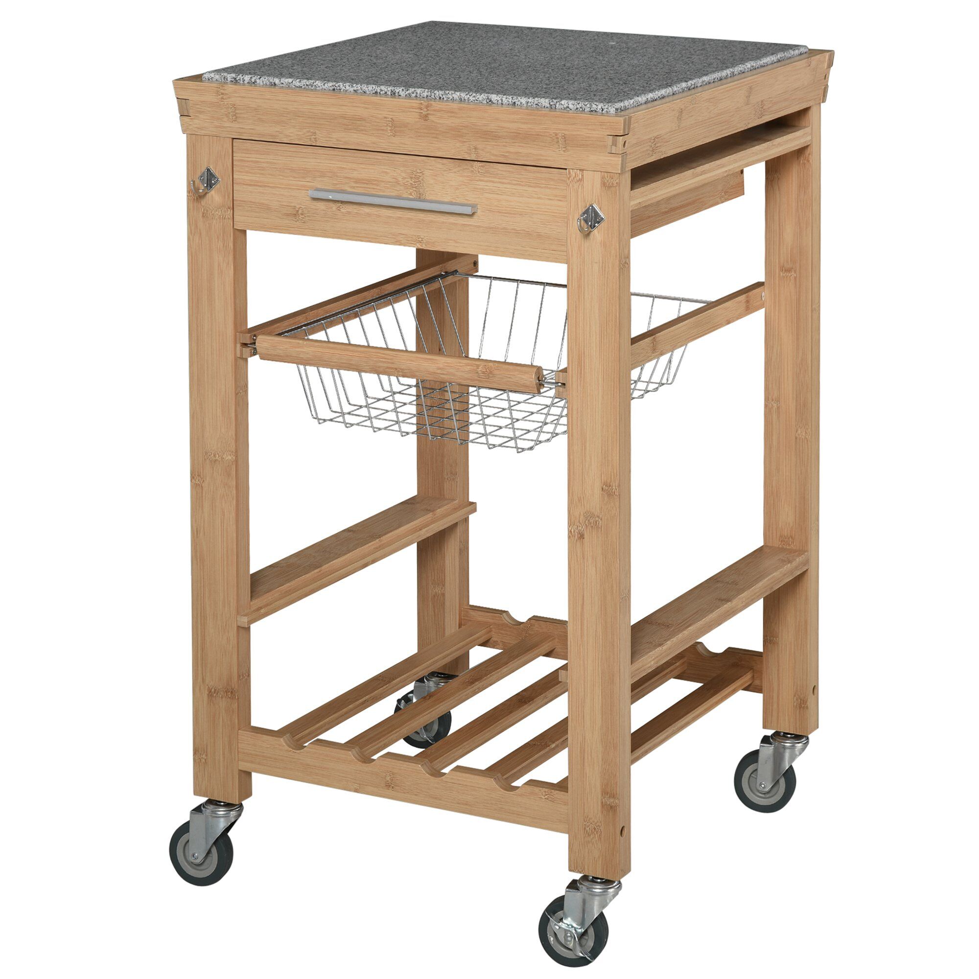 HOMCOM Kitchen Utility Cart on Wheels, Rolling Kitchen Island Cart Mobile Storage Cart with Slide-Out Basket & Wine Storage Rack, Natural/Granite