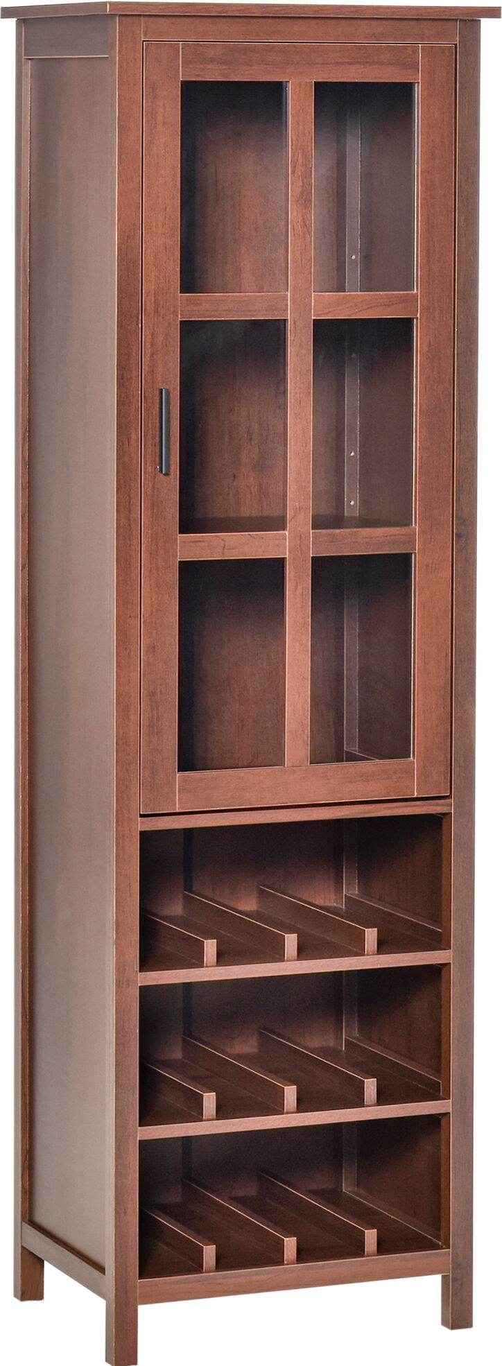 HOMCOM Tall Walnut Wine Cabinet Bar Display Cupboard 12-Bottle Wine Rack Glass Door 3 Storage Compartment for Dining Room Home Bar   Aosom.com