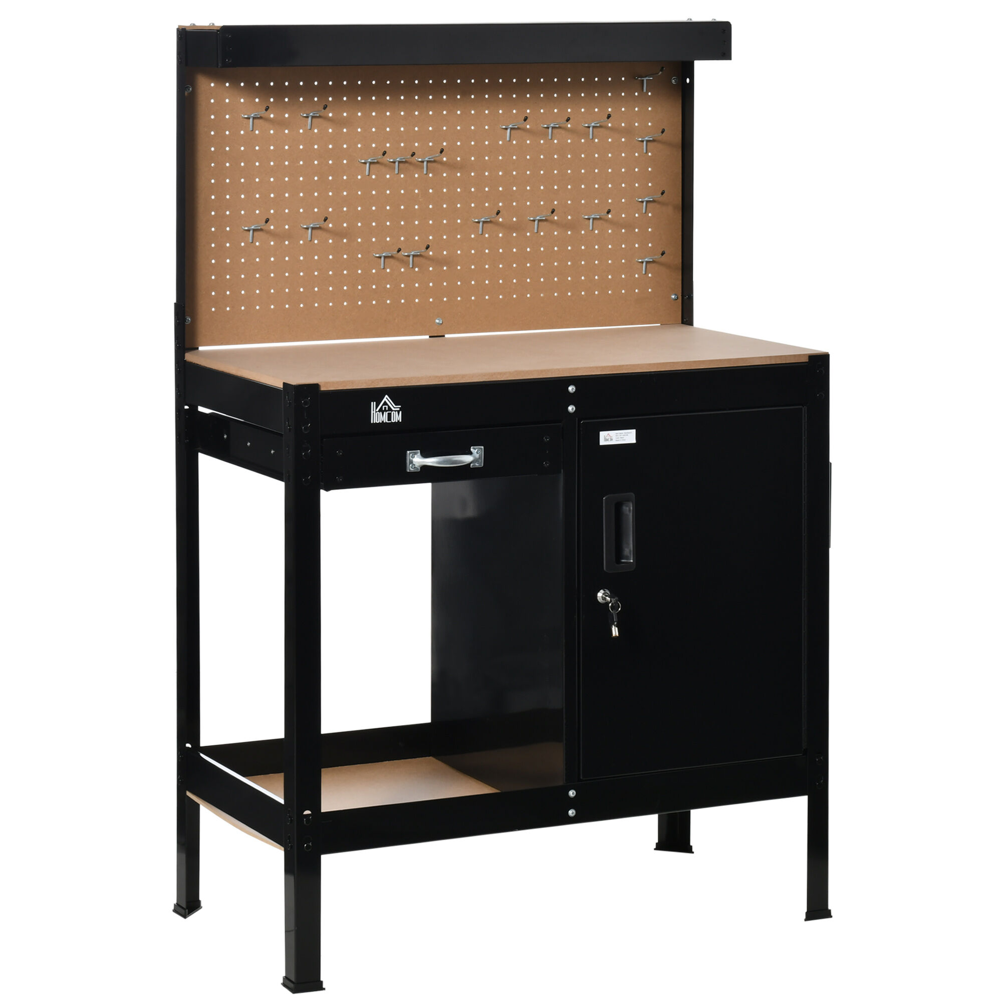 HOMCOM Multipurpose Work bench, Workshop Tools Table with Drawer, Peg Board Storage Cabinet with Keys, Black