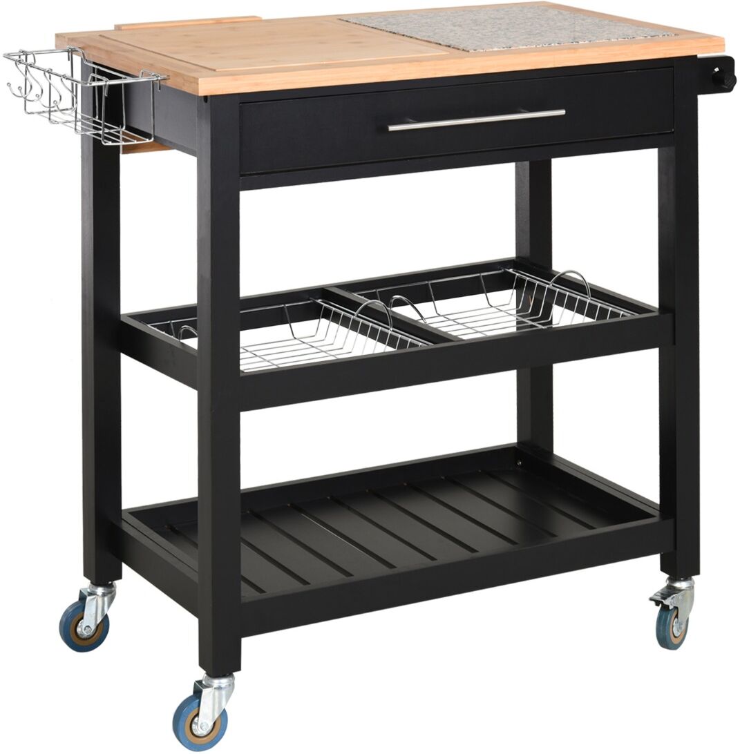 HOMCOM Mobile Kitchen Utility Cart, Rolling Kitchen Island Cart with Bamboo and Granite Countertop, Tower Rack and Slide-Out Drawer, Black/Natural