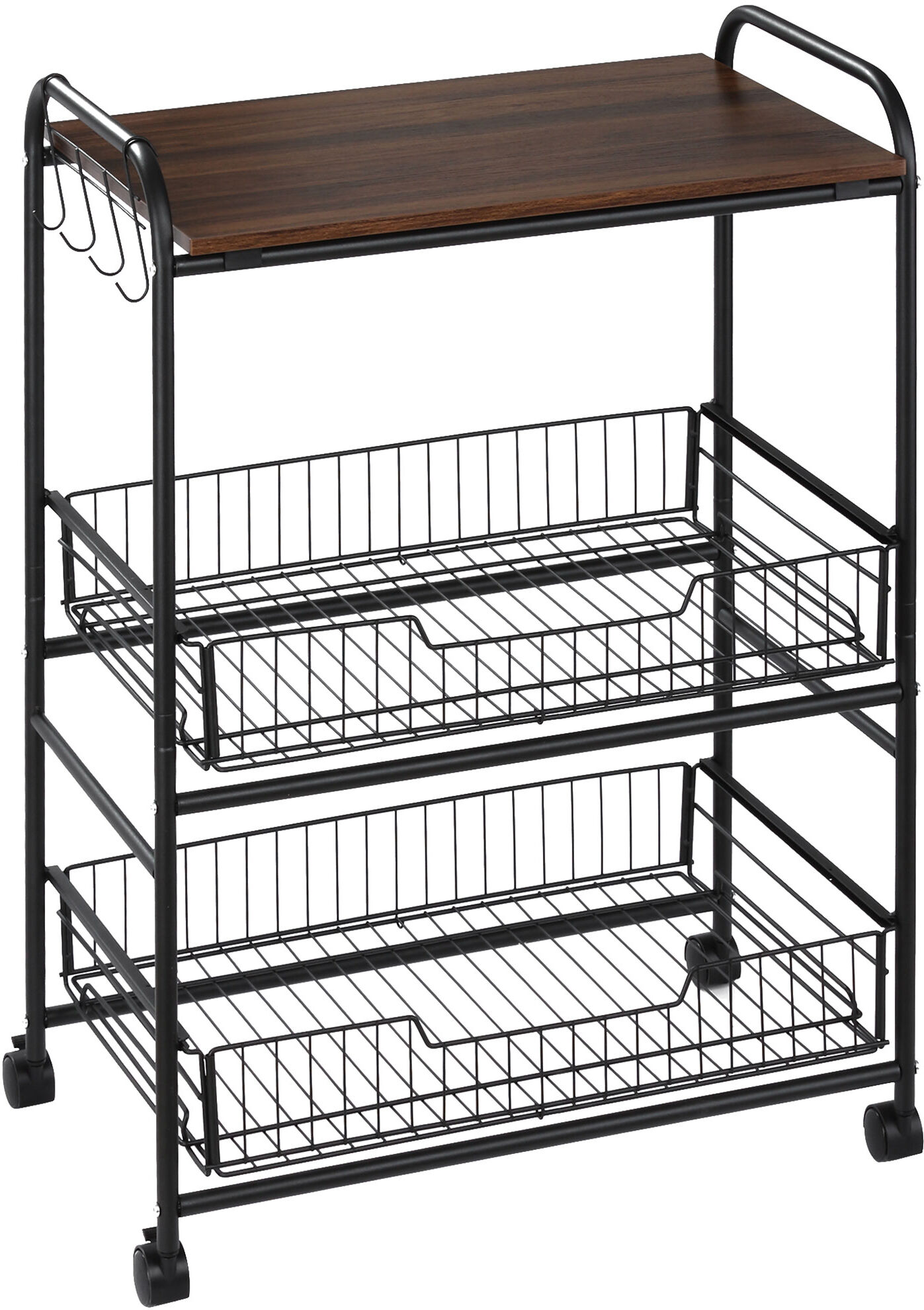 HOMCOM 24" 3-Tier Rolling Kitchen Cart, Utility Storage Trolley with 2 Basket Drawers, Side Hooks for Dining Room, Walnut Wood Tone