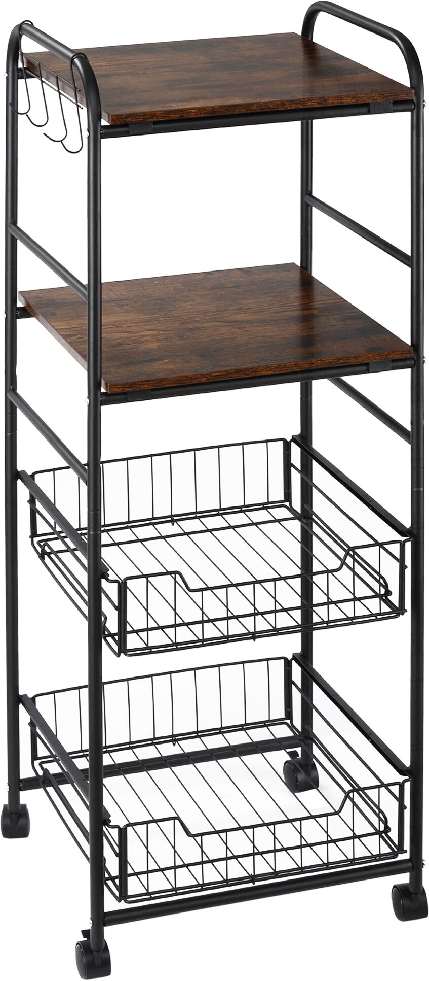 HOMCOM 16" 4-Tier Rolling Kitchen Cart, Utility Storage Trolley with 2 Basket Drawers, Side Hooks for Dining Room and Kitchen, Brown