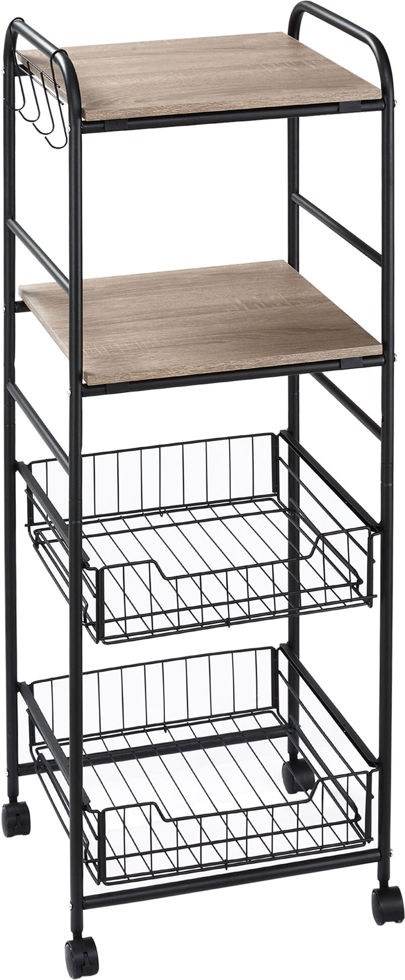 HOMCOM 16" 4-Tier Rolling Kitchen Cart, Utility Storage Trolley with 2 Basket Drawers, Side Hooks for Dining Room and Kitchen, Oak