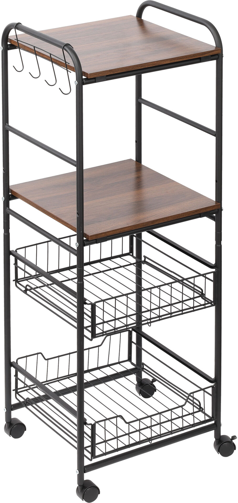 HOMCOM 16" 4-Tier Rolling Kitchen Cart, Utility Storage Trolley with 2 Basket Drawers, Side Hooks for Dining Room and Kitchen, Walnut