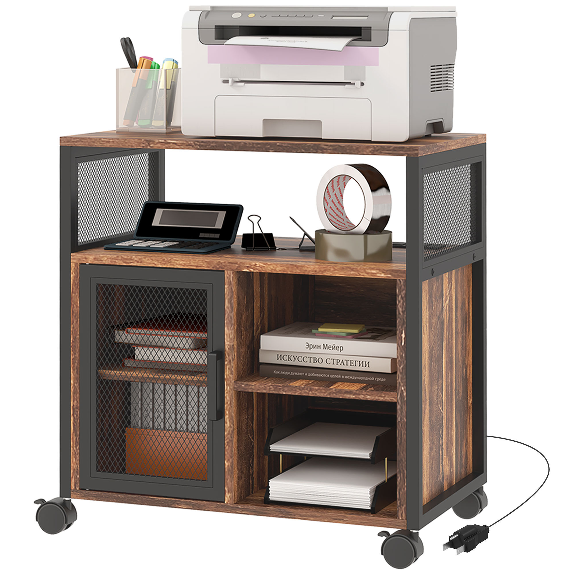 Vinsetto Industrial Mobile Printer Stand Rustic Brown with Socket USB Charging Ports Storage and Wheels   Aosom.com