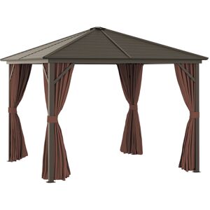 Outsunny 10x10 Hardtop Gazebo with Aluminum Frame, Permanent Metal Roof Gazebo Canopy with Curtains and Netting for Backyard, Dark Brown