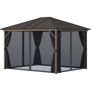 Outsunny 10' x12' Hardtop Gazebo with Aluminum Frame, Permanent Metal Roof Gazebo Canopy with 2 Hooks, Curtains and Netting for Garden, Dark Grey