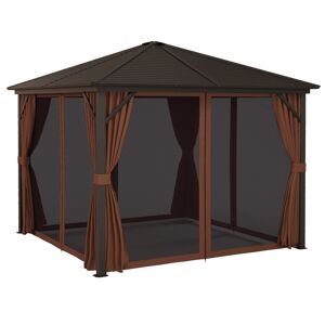 Outsunny 10' x 10' Hardtop Gazebo Canopy, Permanent Pavilion with Hook, Curtains, Aluminum Frame for Patio, Garden, Dark Brown
