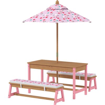 Qaba Kids Picnic Table Set with Foldable Umbrella, Removable Cushions & Boxes, Flamingo Theme, Pink Qaba Kids Picnic Table Set with Foldable Umbrella, Removable Cushions & Boxes, Flamingo Theme, Pink