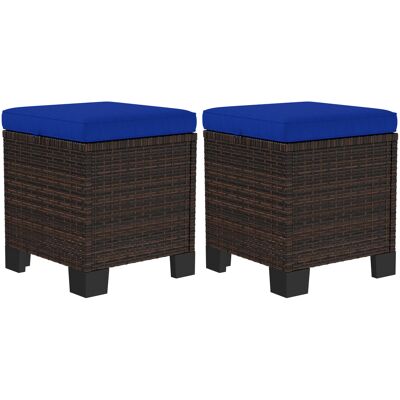 Outsunny 2 Pieces Wicker Outdoor Ottomans with Cushions, Rattan Ottoman Footrest & Side Table for Patio Yard Poolside, Dark Blue Outsunny 2 Pieces Wicker Outdoor Ottomans with Cushions, Rattan Ottoman Footrest & Side Table for Patio Yard Poolside, Dark Blue