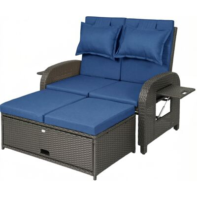 Outsunny Patio Rattan Daybed, Wicker Outdoor Daybed with Storage Ottoman, Loveseat w/ Adjustable Backrest, Side Tables, Navy Blue Outsunny Patio Rattan Daybed, Wicker Outdoor Daybed with Storage Ottoman, Loveseat w/ Adjustable Backrest, Side Tables, Navy Blue