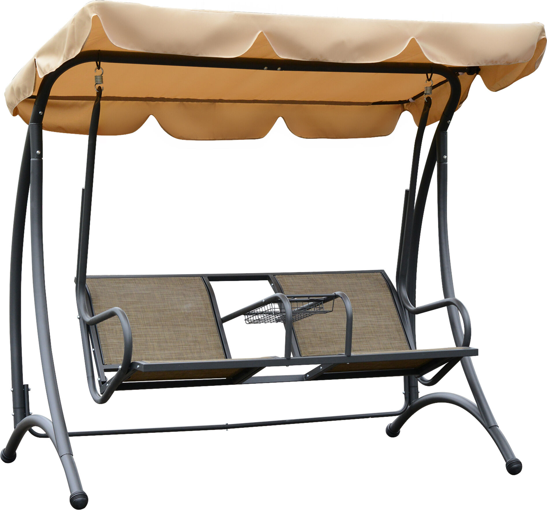 Outsunny 2-Person Outdoor Swing, Patio Swing Bench with Adjustable Tilt Canopy, Cup Holder and Storage Tray, Steel Frame, Brown