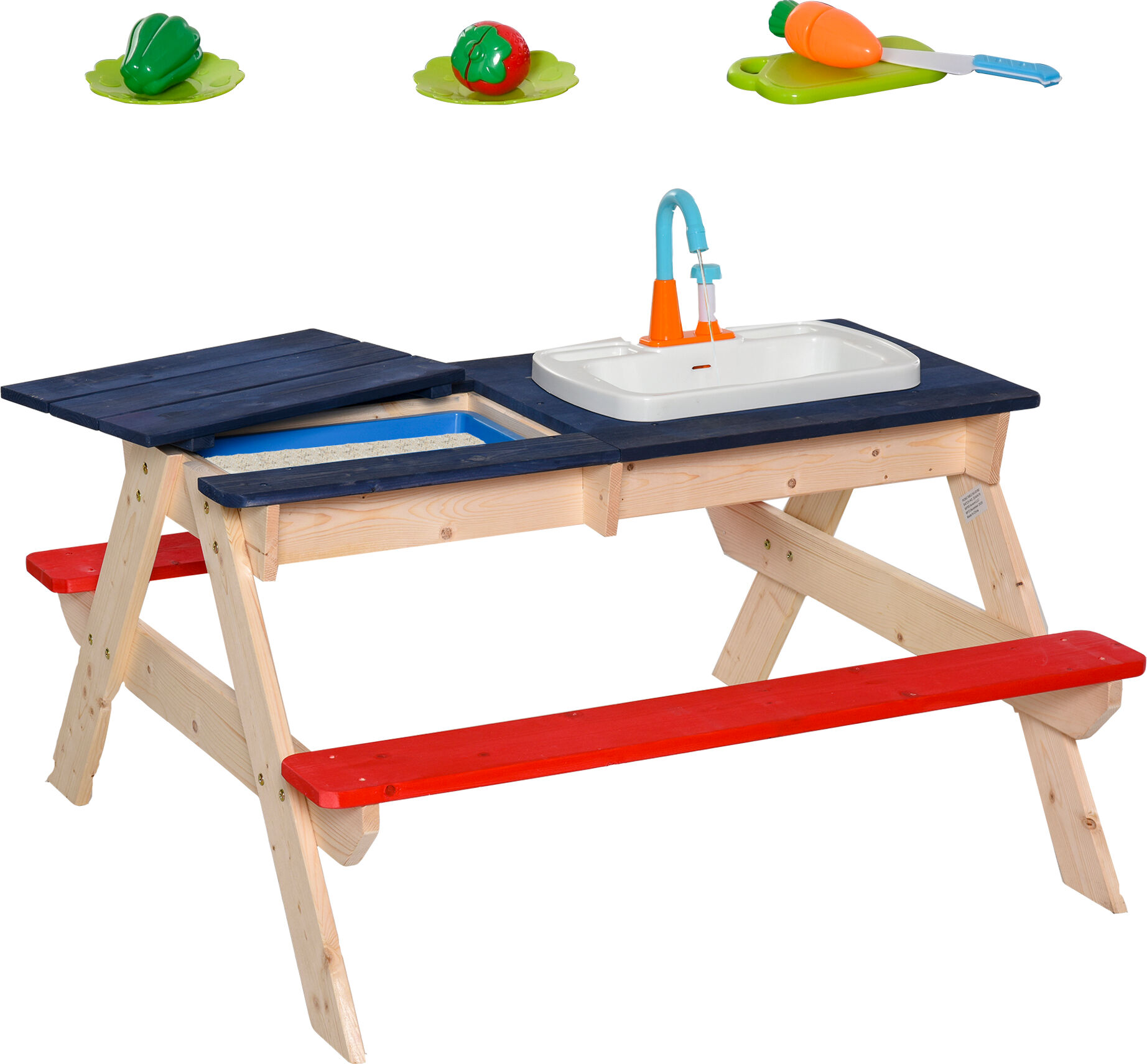 Outsunny Kids Picnic Table and Bench Set with Sandbox, Outdoor Sand & Water Table with Kitchen Toys, Water Circulation Faucet & Vegetable Accessories