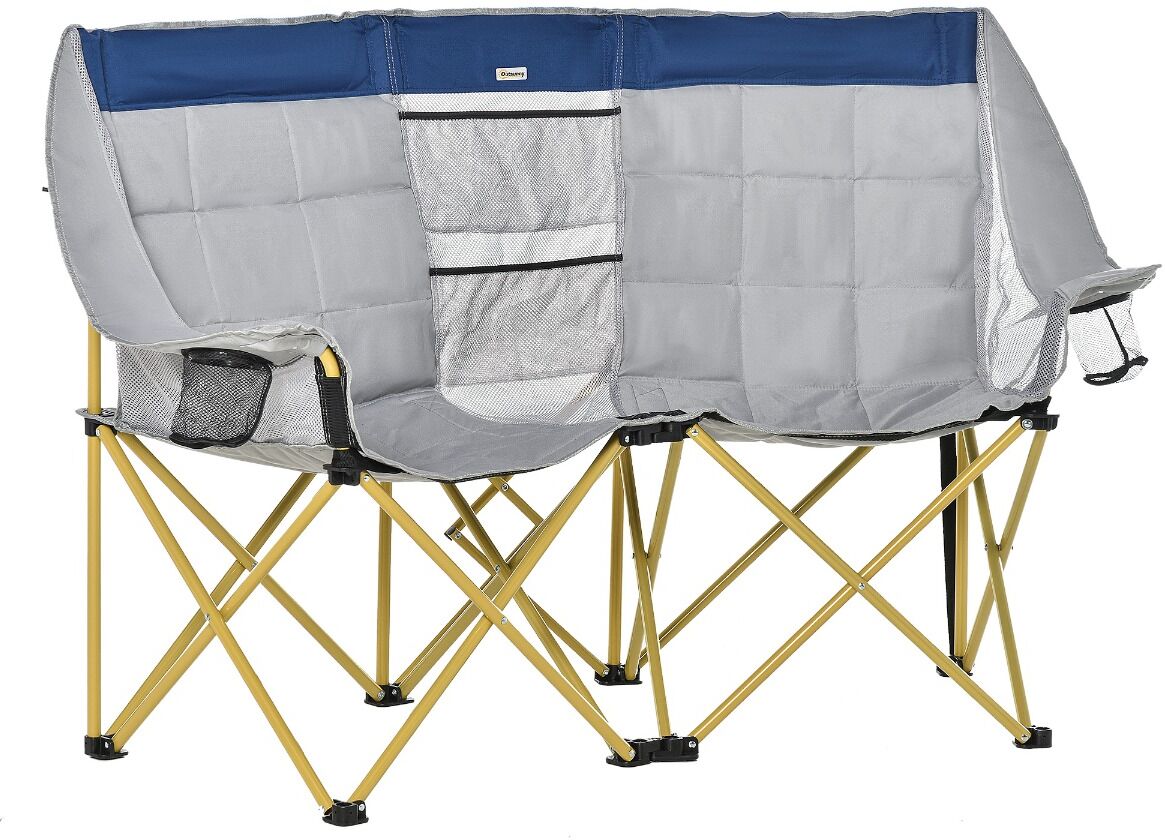 Outsunny Double Seat Camping Chair Folding Lawn Loveseat w/ Storage Pocket & Cup Holder Compact and Sturdy in a Bag for Outdoor, Beach, Navy Blue