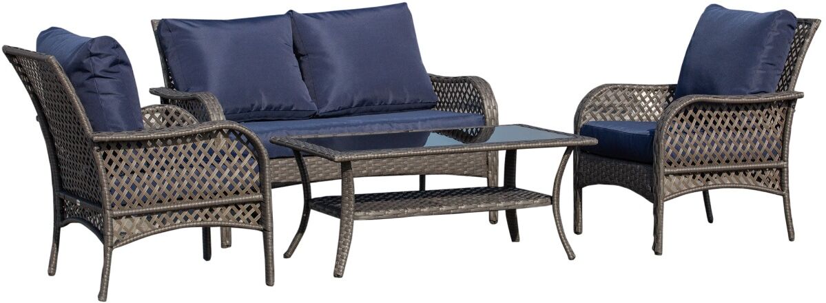 Outsunny Patio Sofa Sets 4 PCS PE Rattan Wicker Outdoor Conversation Furniture w/ Tea Table & Cushions Blue   Aosom.com