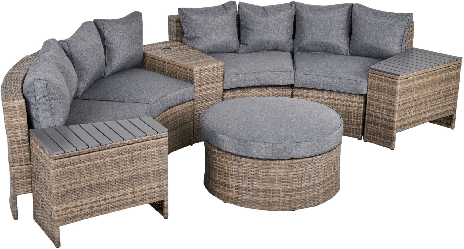 Outsunny 8 Piece Outdoor Rattan Sofa, Half Round Patio Furniture Set with Side Tables, Umbrella Hole, and Cushions, Mixed Grey