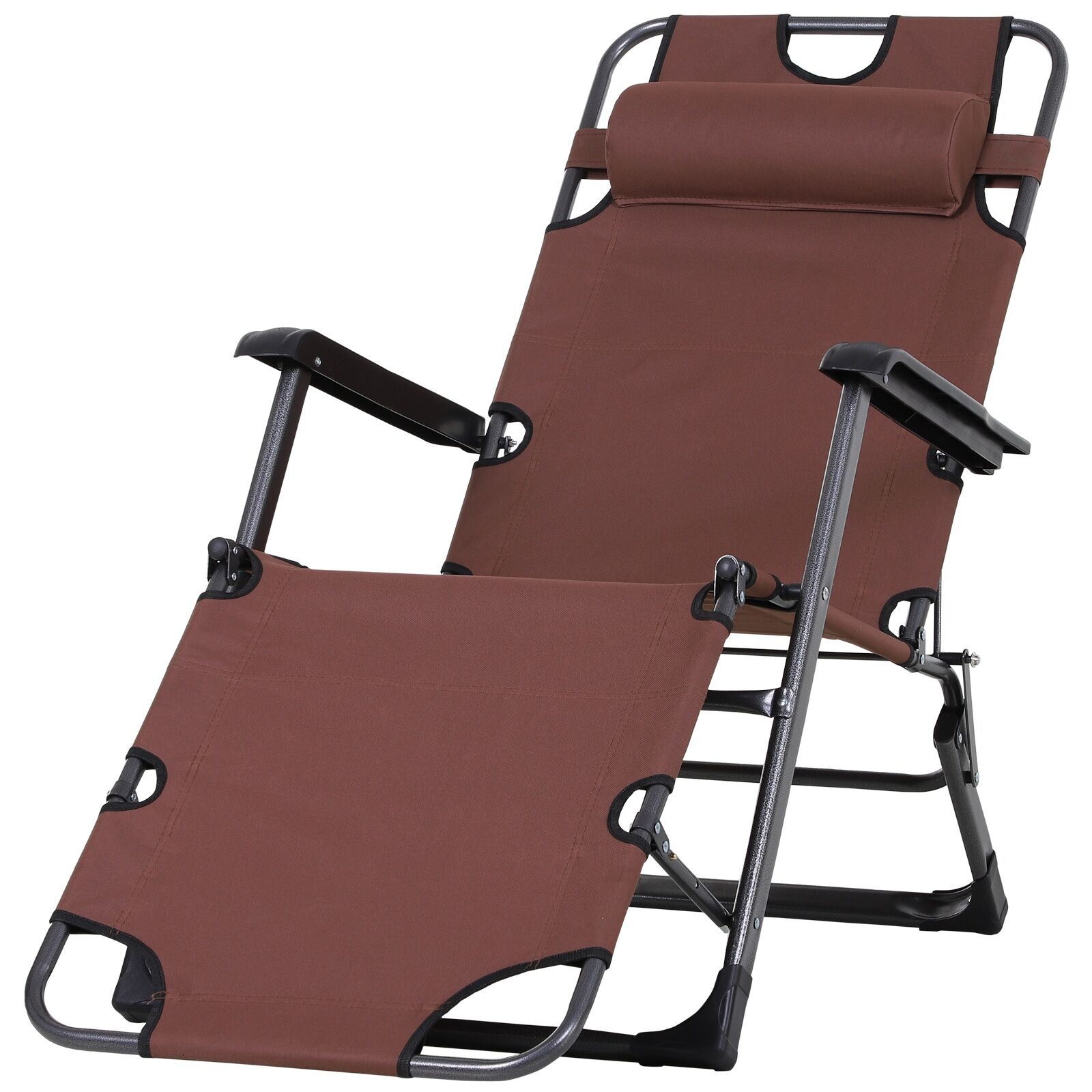 Outsunny Folding Lounger Chair Metal Frame Outdoor Pool Sun Lounger Curved Reclining Chair 120° / 180° W/ Head Pillow Brown