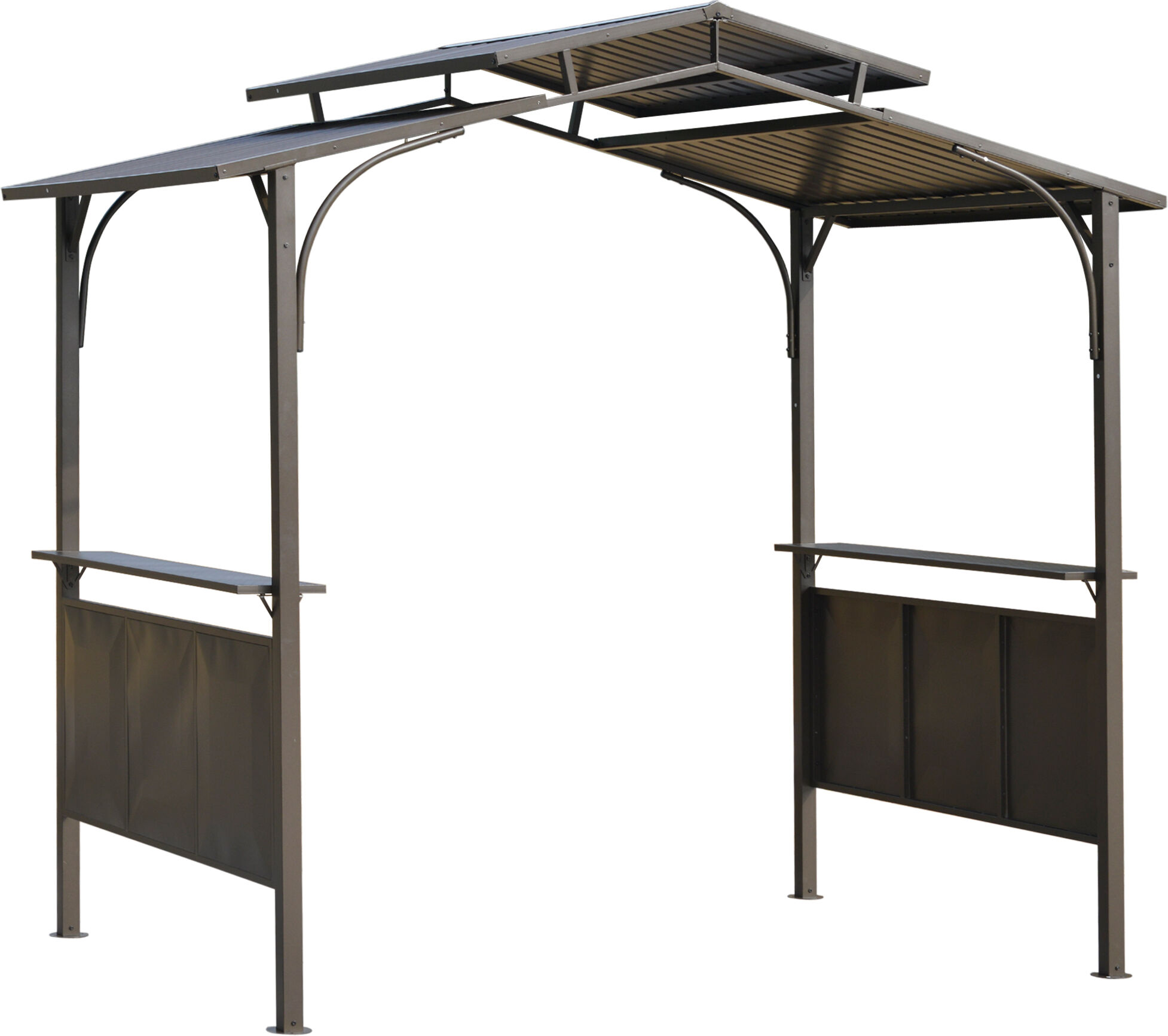 Outsunny 8'x5' BBQ Grill Gazebo with 2 Side Shelves, Outdoor Double Tiered Interlaced Polycarbonate Roof with Steel Frame, Brown