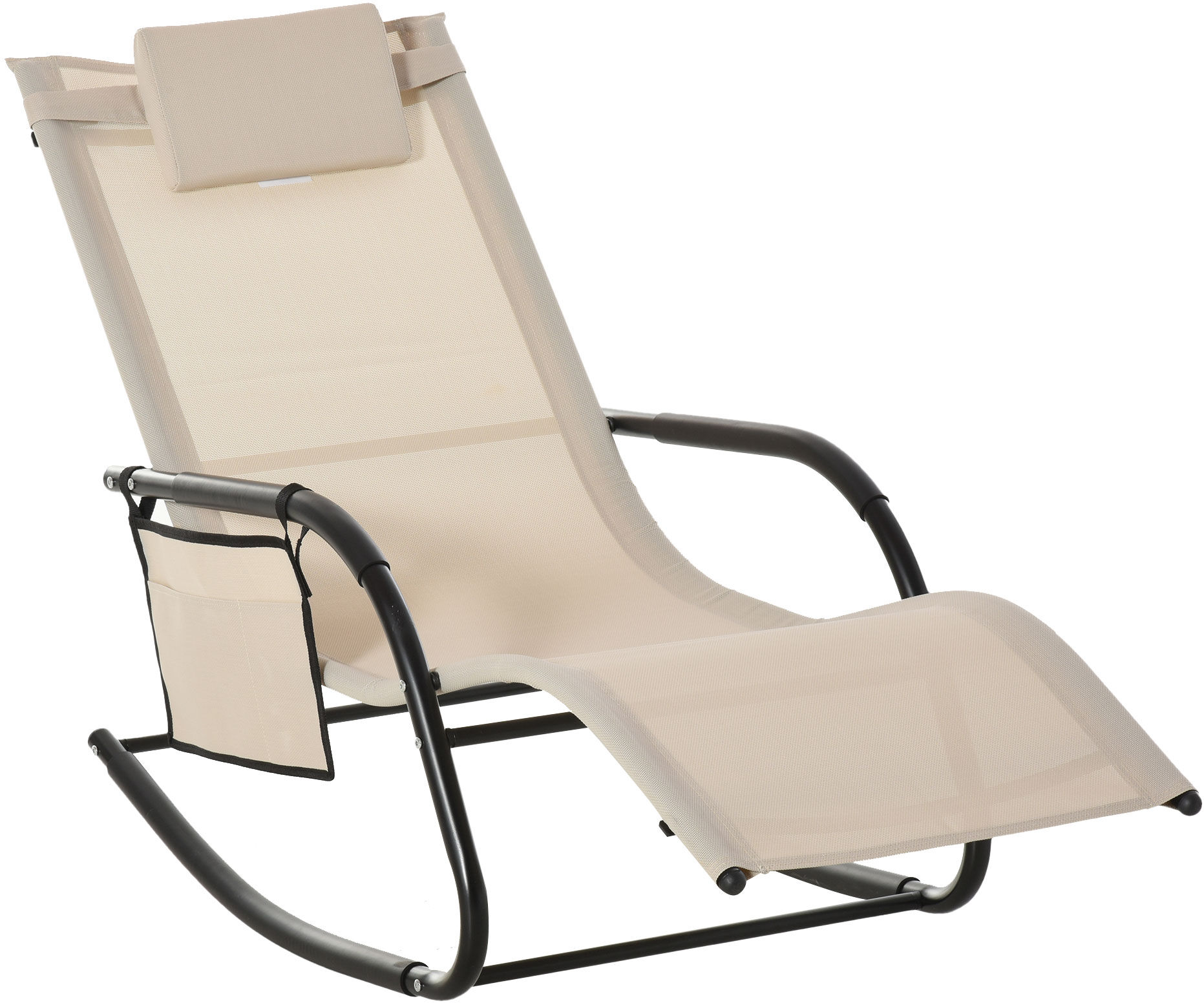 Outsunny Outdoor Rocking Chair, Patio Sling Sun Lounger, Recliner Rocker, Lounge Chair with Detachable Pillow for Deck, Garden or Pool, Cream White