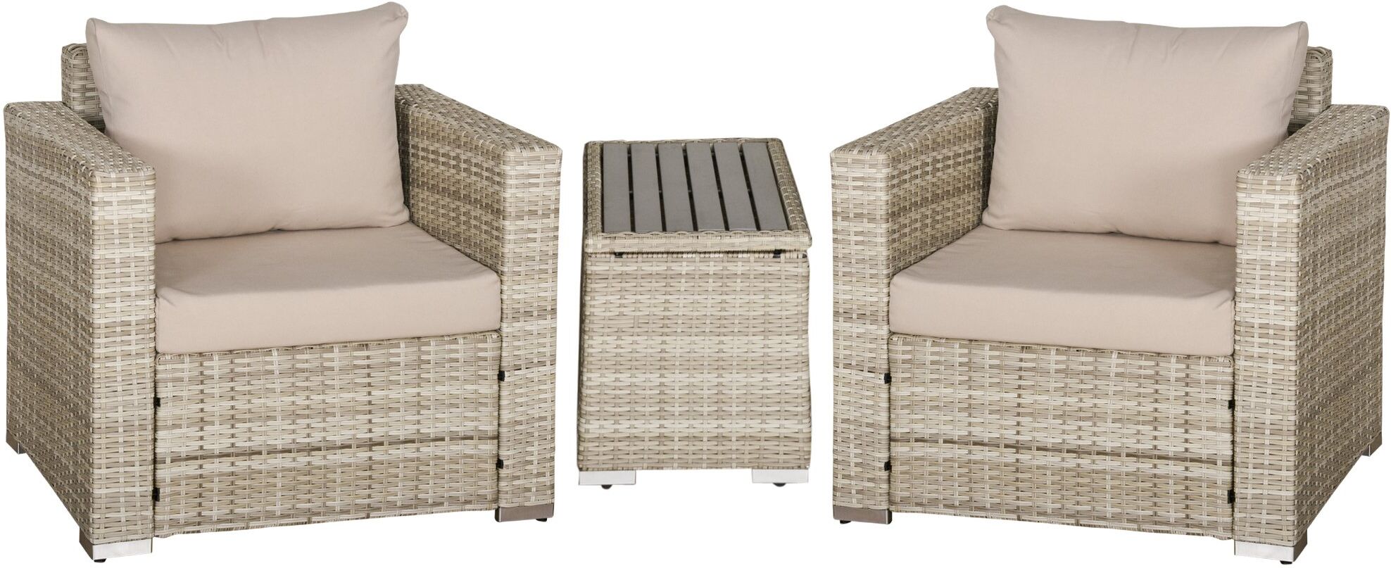 Outsunny 3-Piece Wicker Sofa Sets PE Rattan Outdoor Armchair w/ Wood Grain Side Table & Washable Cushions Grey   Aosom.com