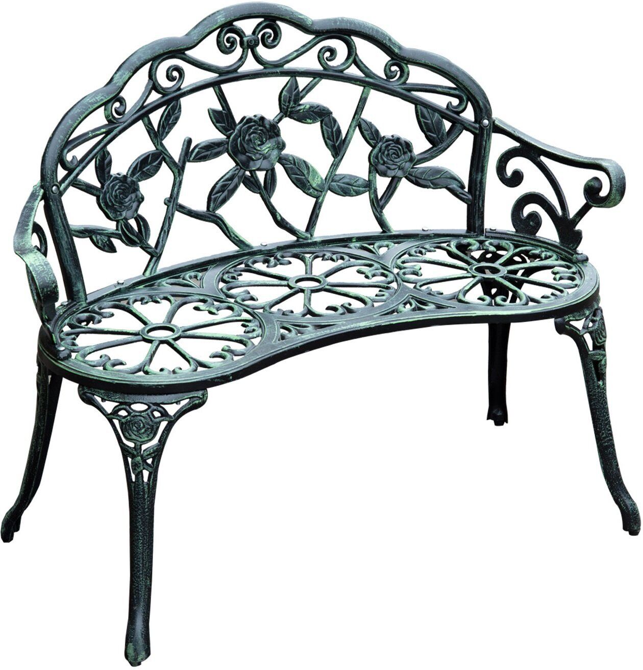 Outsunny Garden Bench Chair Floral Rose Design, Antique Green Cast Aluminum Frame, Outdoor Loveseat for Patio, Park, Deck   Aosom.com