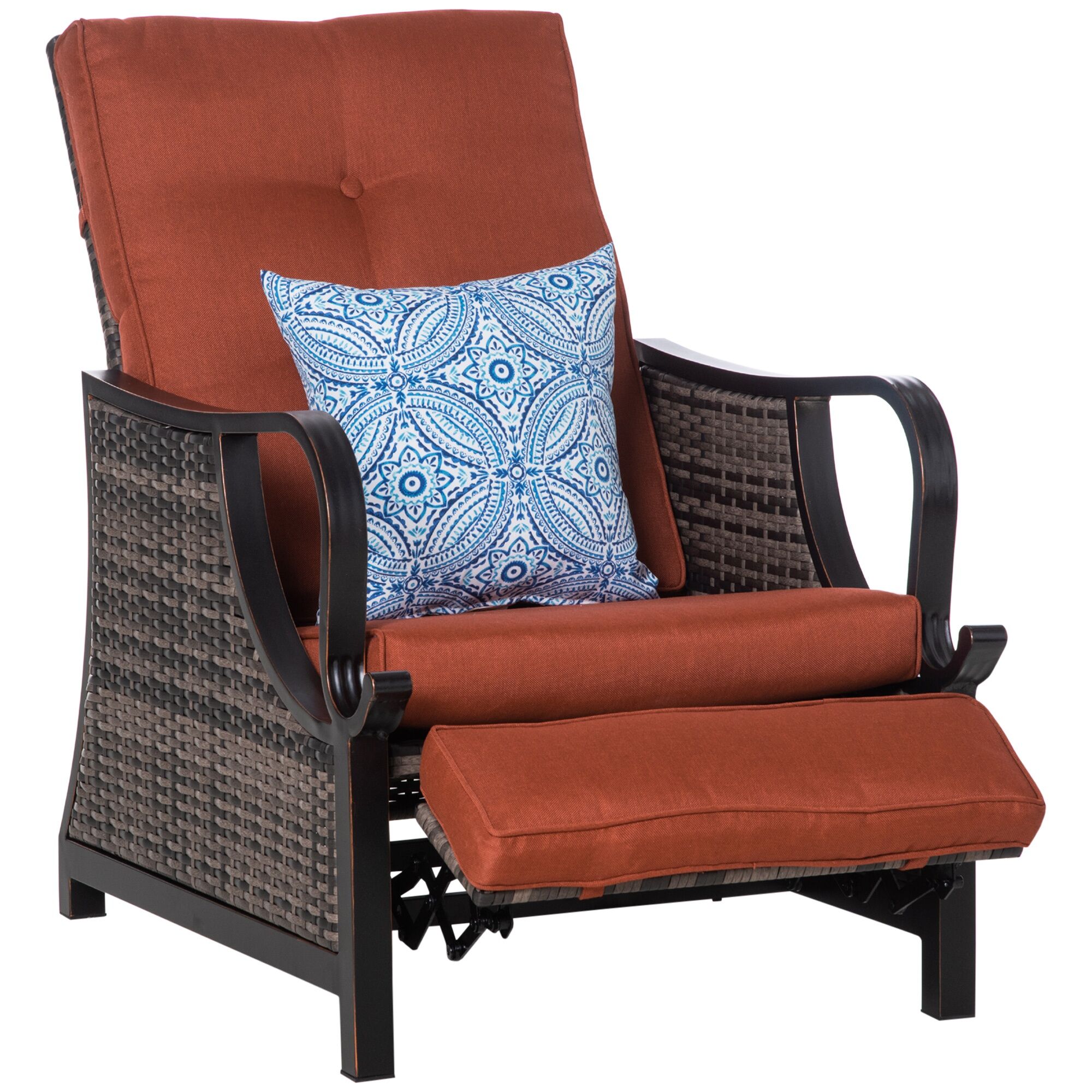 Outsunny Outdoor Patio Recliner with All Hand-Woven Wicker, Adjustable Lounge Chair w/ Cushions, Rust-Resistant Metal Frame for Backyard, Red