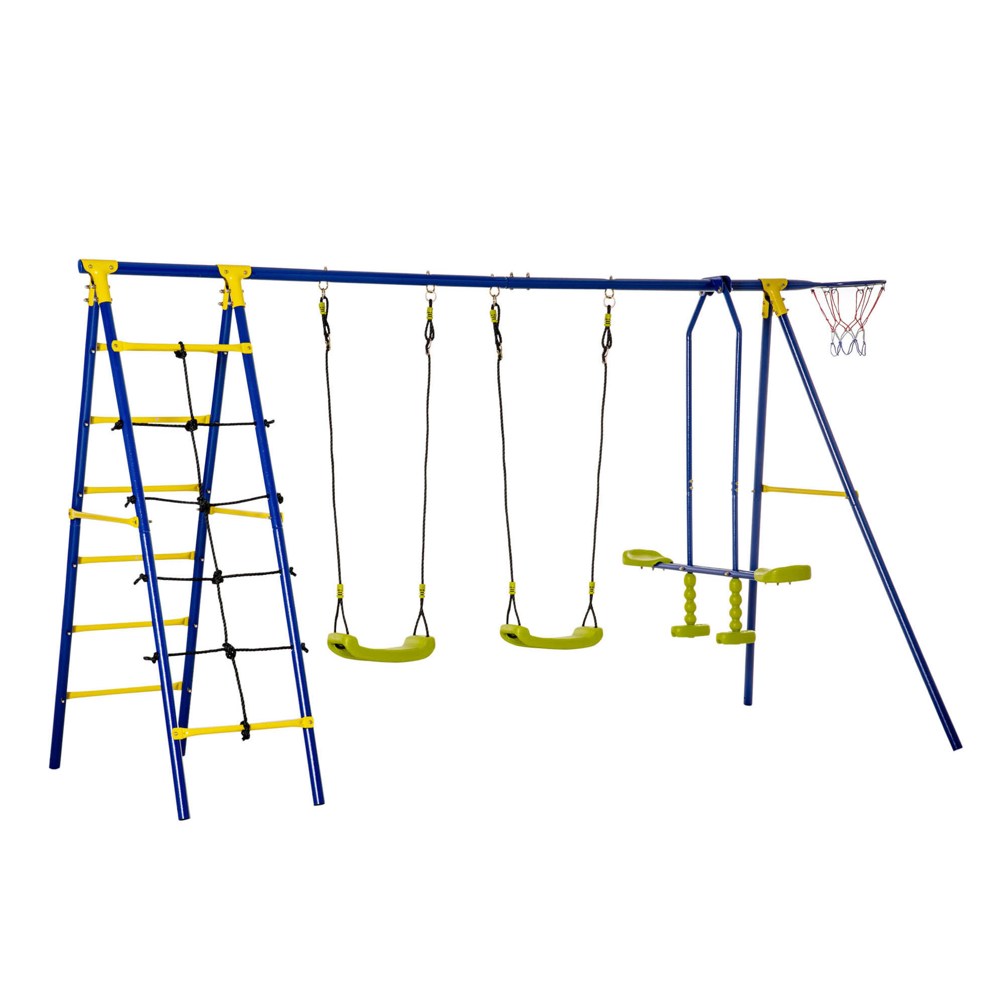 Outsunny Kids Swing Set for Backyard, Outdoor Play Equipment, with Adjustable Swing Seat, Glider, Basket Hoop, Climb Ladder & Rope, A-Frame Metal
