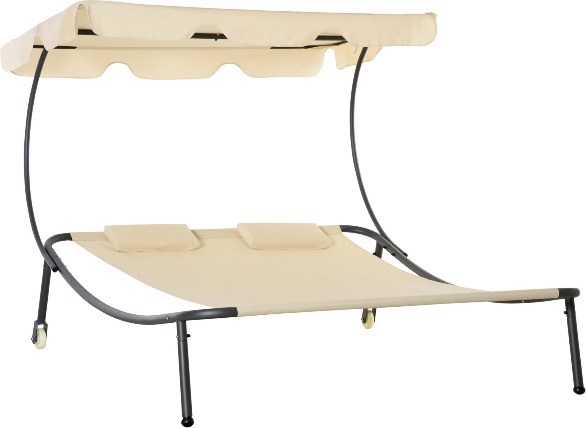 Outsunny Double Chaise Lounge Chair Outdoor with Adjustable Canopy and Pillow, Hammock Bed Daybed for Patio, Garden, Poolside, Beige