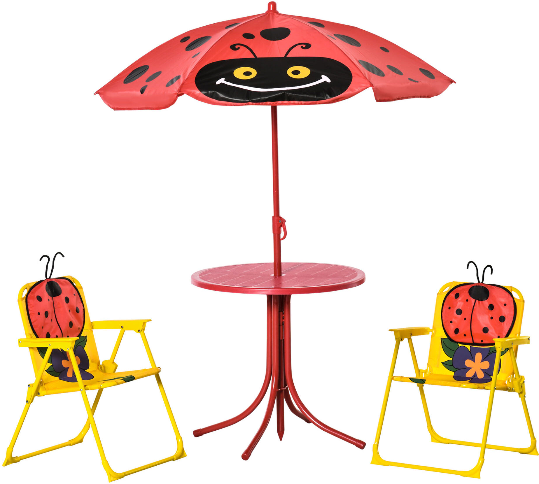 Outsunny Kids Picnic Table and Chair Set, Outdoor Folding Garden Furniture, for Patio Backyard, with Ladybird Pattern, Removable & Height Adjustable