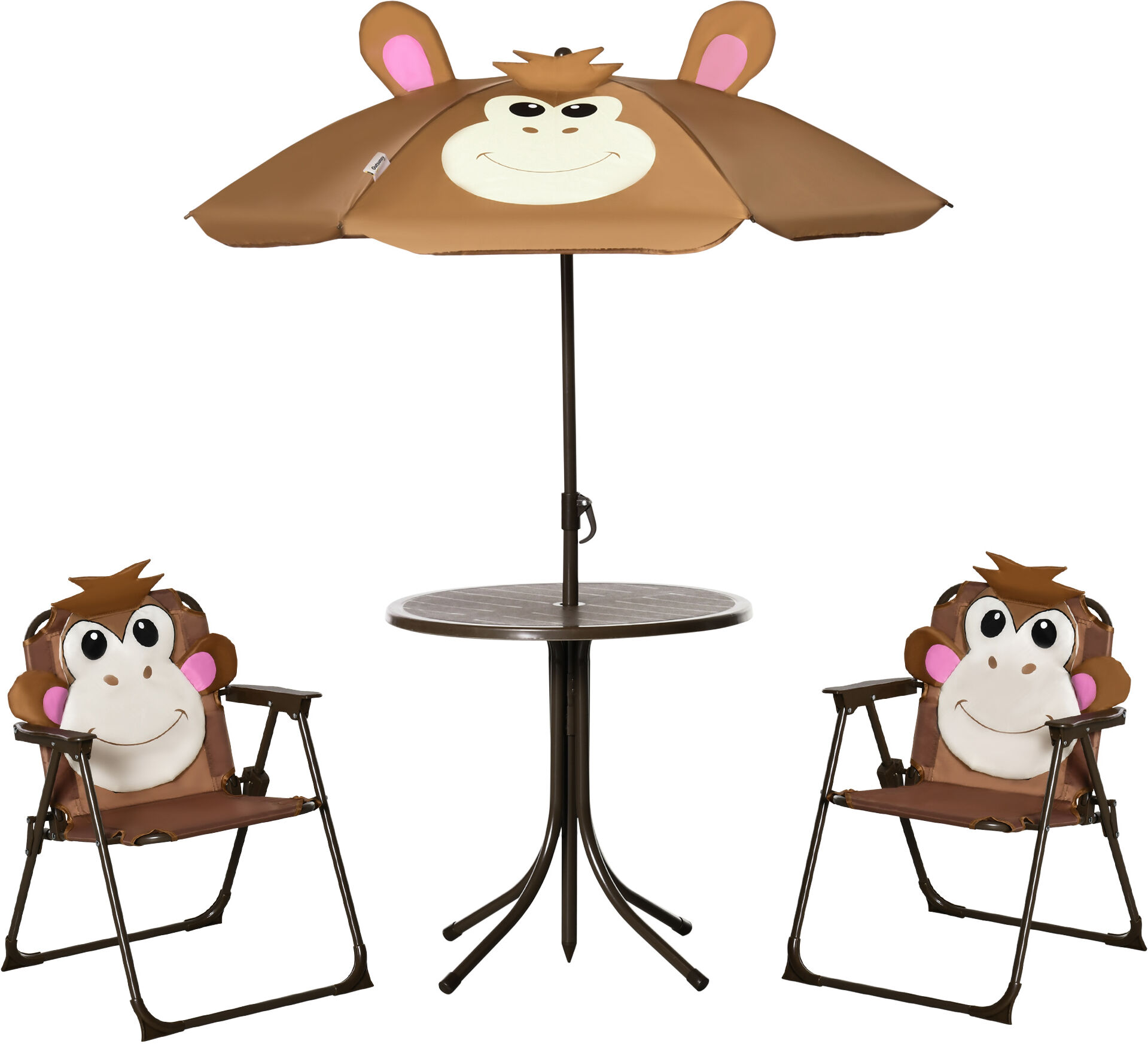 Outsunny Kids Table and Chair Set, Outdoor Folding Garden Furniture, for Patio with Monkey Pattern, Removable & Adjustable Umbrella, 3-6 Years Old