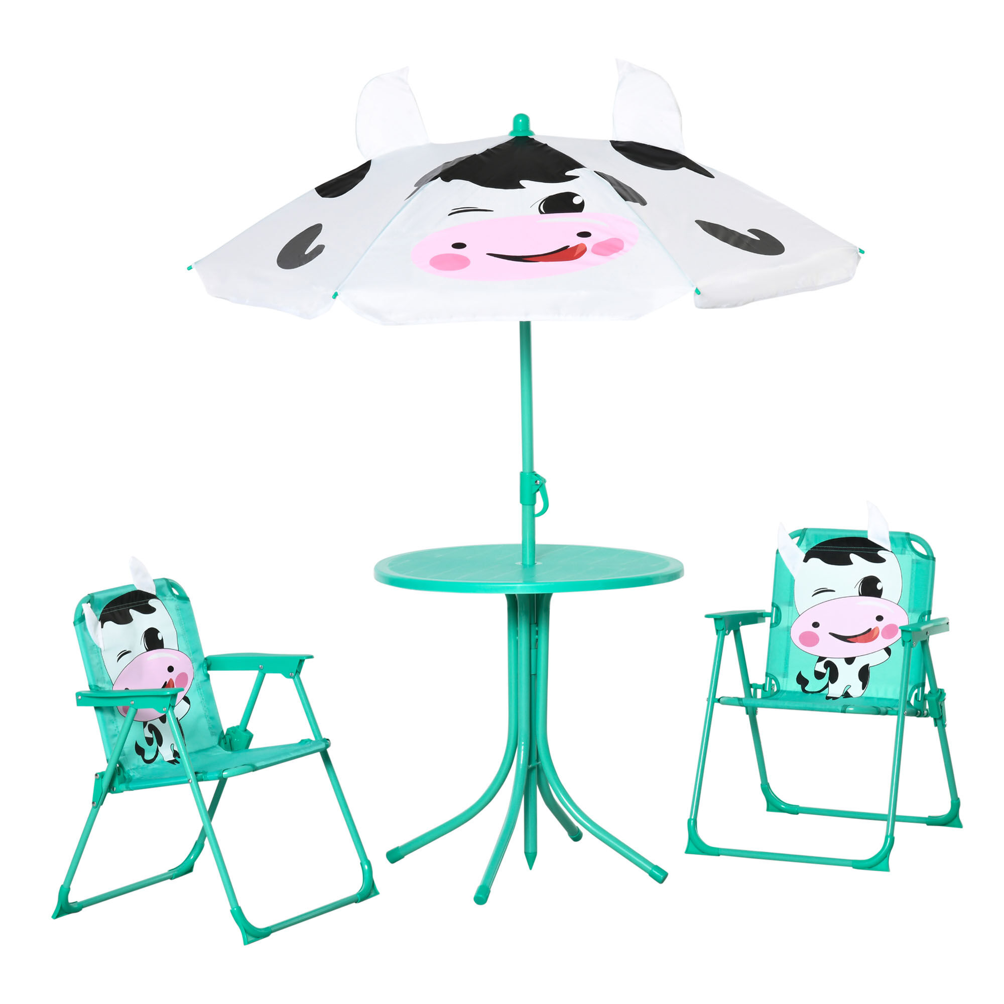 Outsunny Kids Table and Chair Set, Outdoor Folding Garden Furniture for Patio, with Dairy Cow Pattern, Removable & Umbrella, Aged 3-6 Years Old, Green