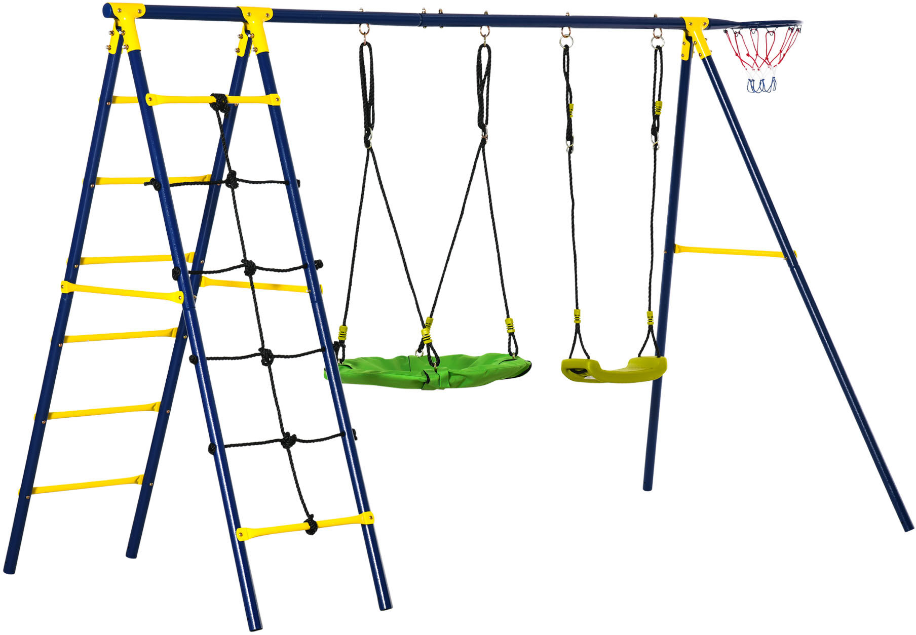 Outsunny Outdoor Play Equipment for Kids with Saucer Swing Basket Hoop Climb Ladder Net A-Frame Stand for Ages 3-10 Years Old Green   Aosom.com