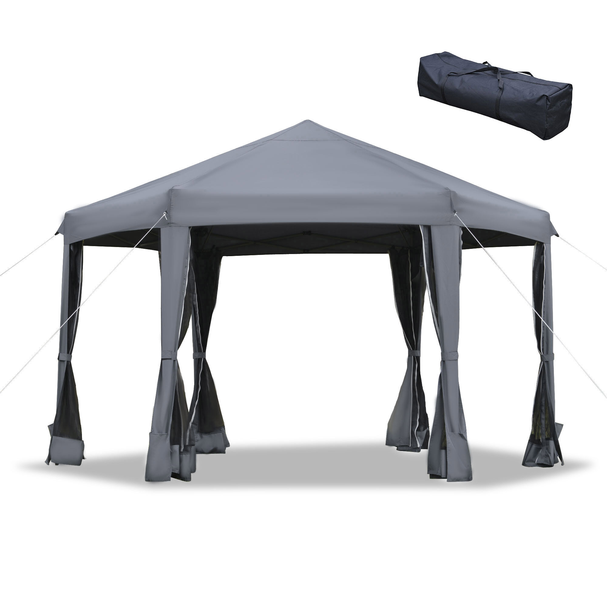 Outsunny 13' x 13' Heavy Duty Pop Up Canopy with Hexagonal Shape, 6 Mesh Sidewall Netting, 3-Level Adjustable Height and Strong Steel Frame, Grey