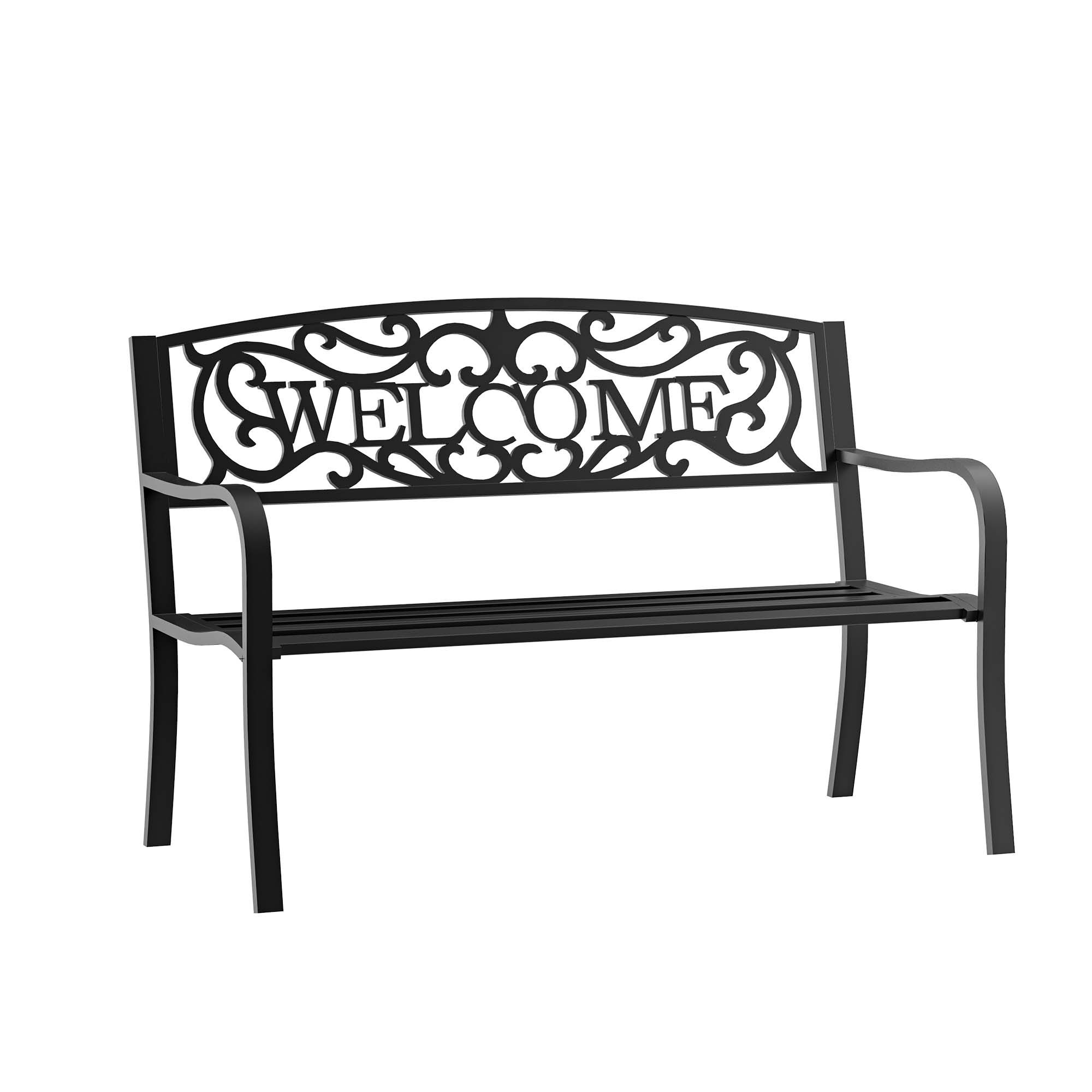 Outsunny 50" 2-Person Garden Bench Loveseat with Cast Iron Decorative Welcome Vines, Outdoor Patio Bench for Backyard, Porch, Entryway