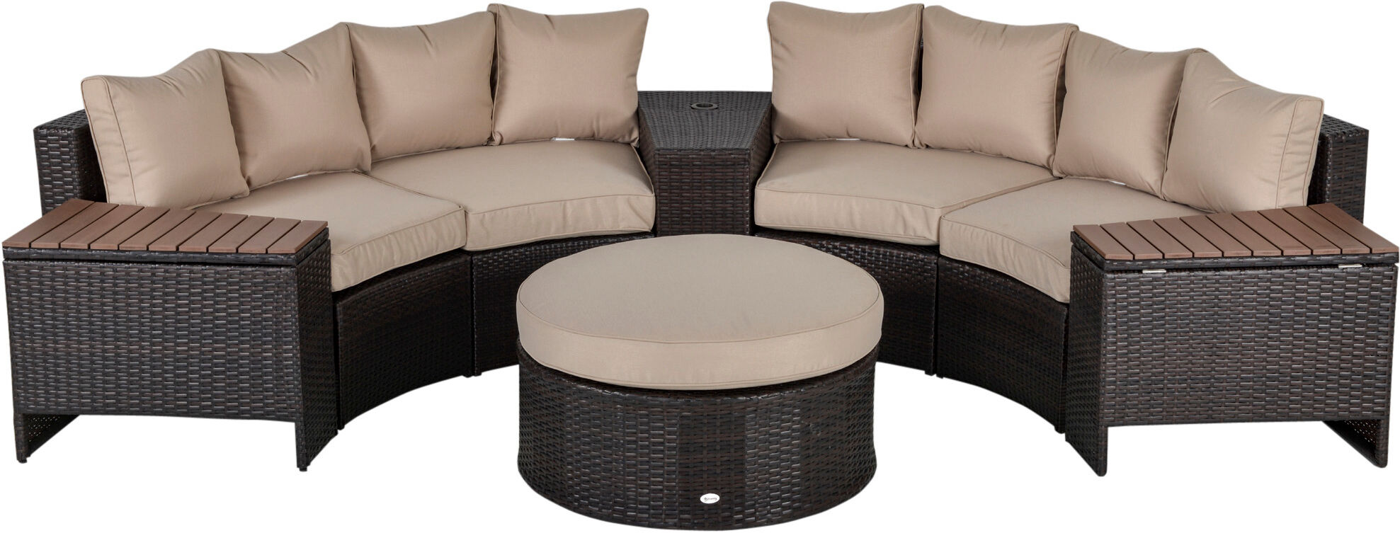 Outsunny 8 Piece Outdoor Rattan Sofa, Half Round Patio Furniture Set with Side Tables, Umbrella Hole, and Cushions, Beige