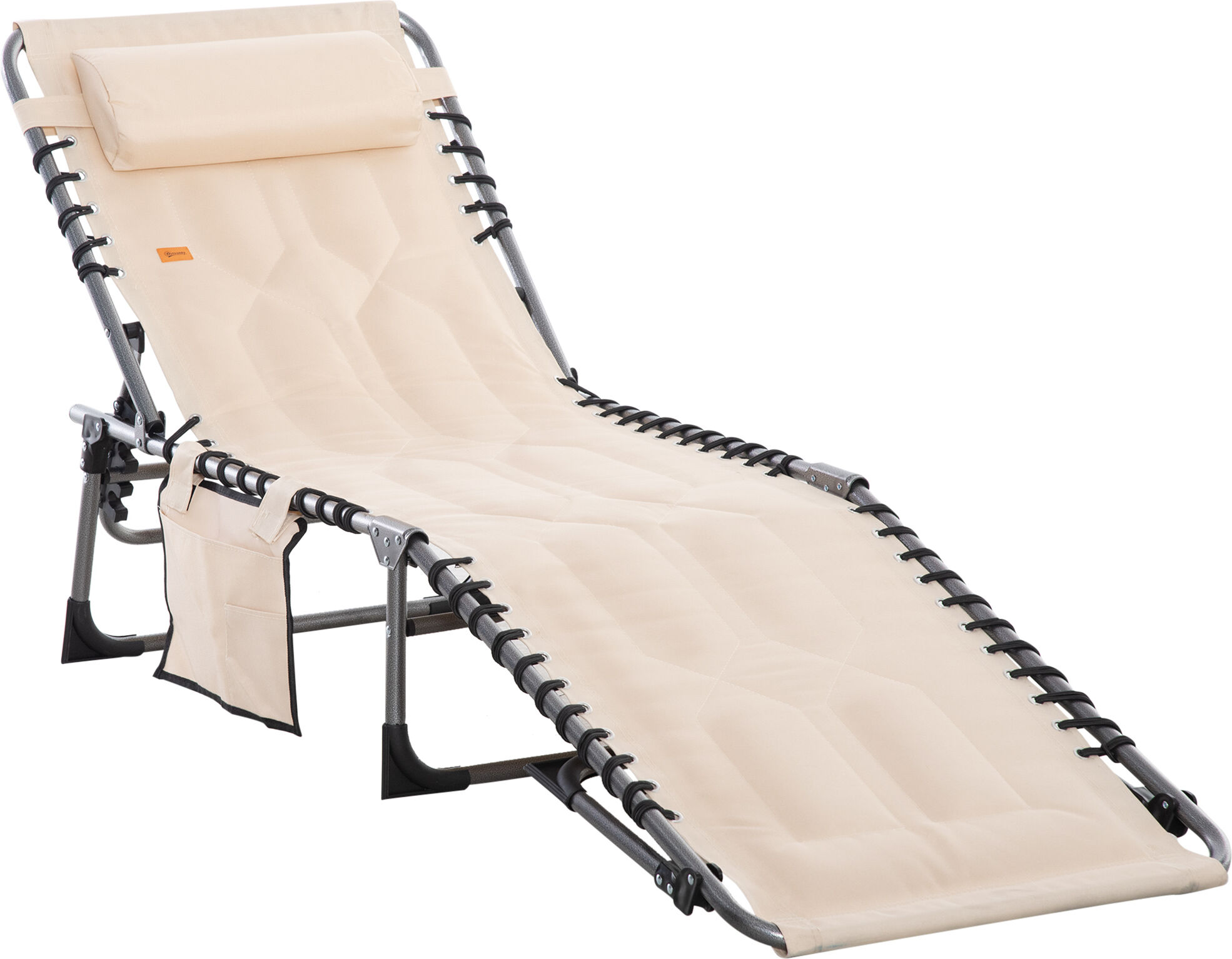 Outsunny Folding Chaise Lounge Chair, Outdoor Padded Reclining Chair with 5-position Adjustable Backrest, Pillow and Pocket for Patio, Beach, Beige