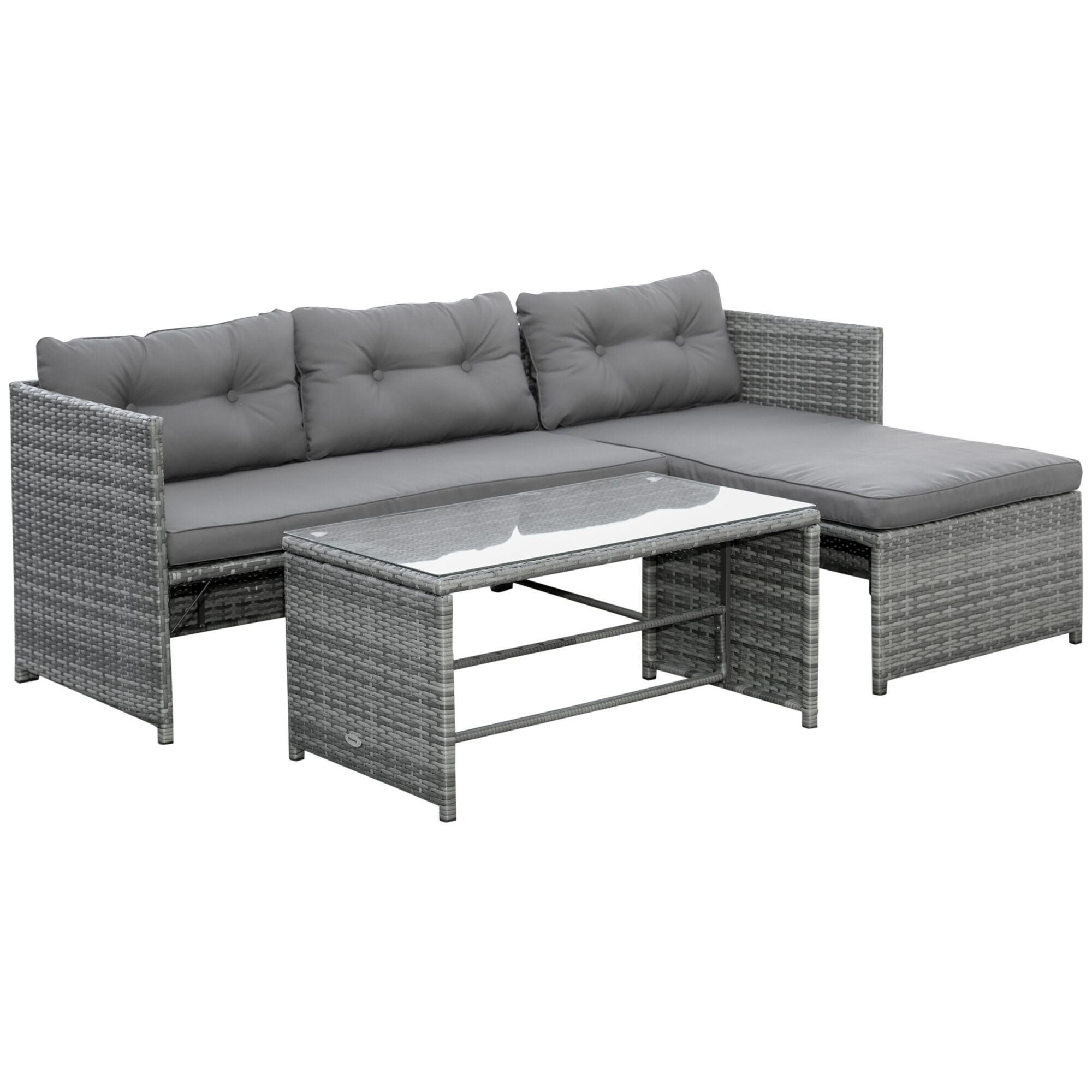 Outsunny 3-Piece Rattan Patio Furniture Sofa Set Conversation Set, Sectional Lounge Chaise Cushioned for Garden Poolside or Porch Lounging, Grey