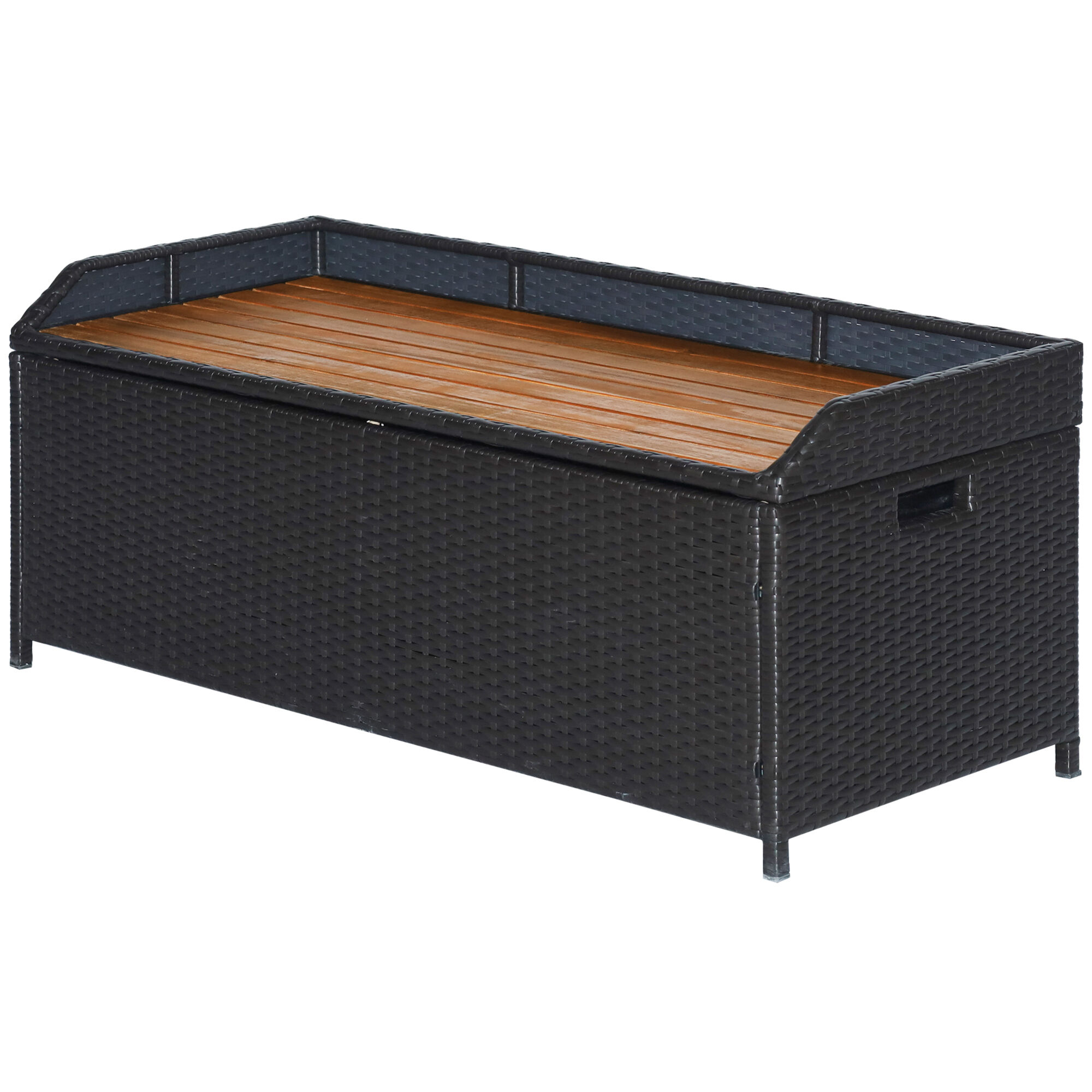 Outsunny Outdoor Storage Bench Patio Wicker Furniture with Wooden Seat, Gas Spring, Rattan Container Bin with Lip, Ideal for Storing Tools, Black