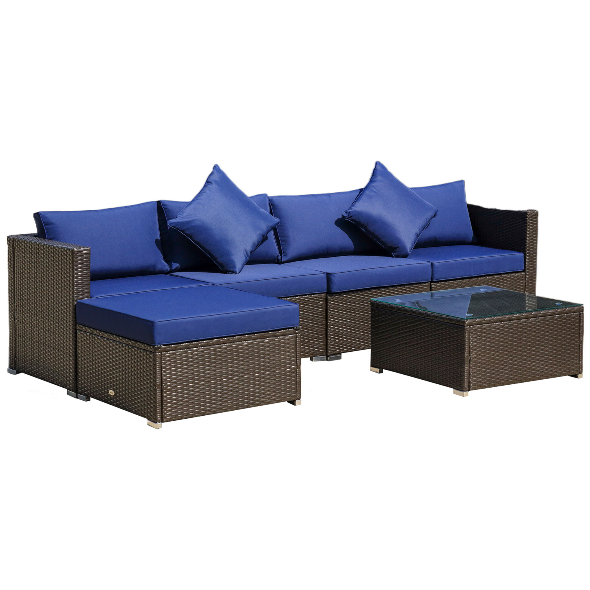 Outsunny 6PC Outdoor Rattan Sofa Set Blue Cushions Wicker Sectional Patio Furniture with Coffee Table   Aosom.com