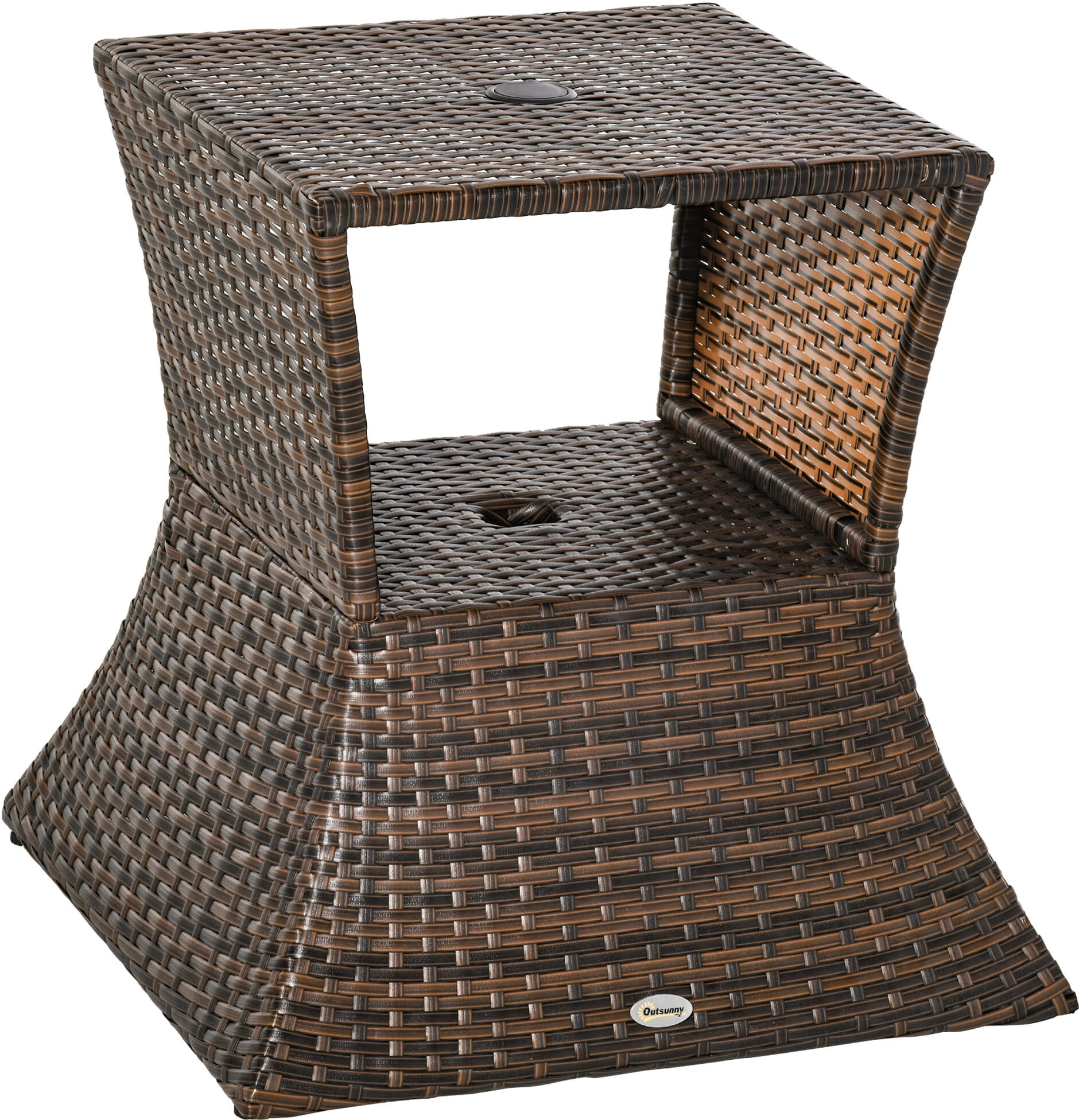 Outsunny Rattan Wicker Patio Side Table with Umbrella Hole 2 Tier Storage All-Weather Garden Furniture Mixed Brown   Aosom.com