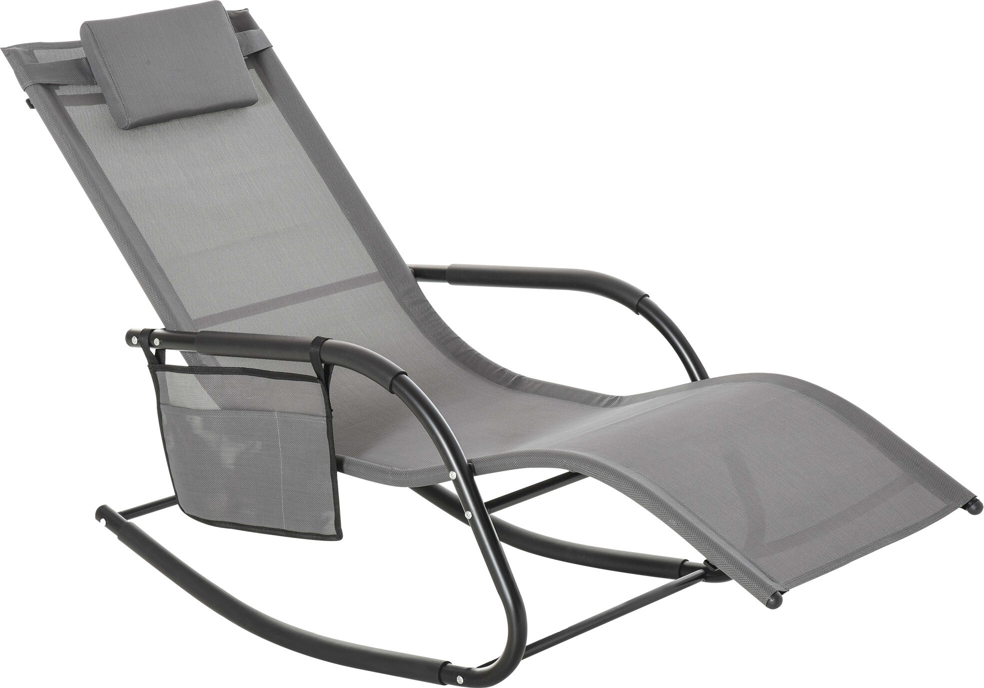 Outsunny Patio Rocking Chair Outdoor Sling Sun Lounger with Pocket Grey Recliner Rocker Lounge Chair Detachable Pillow   Aosom.com