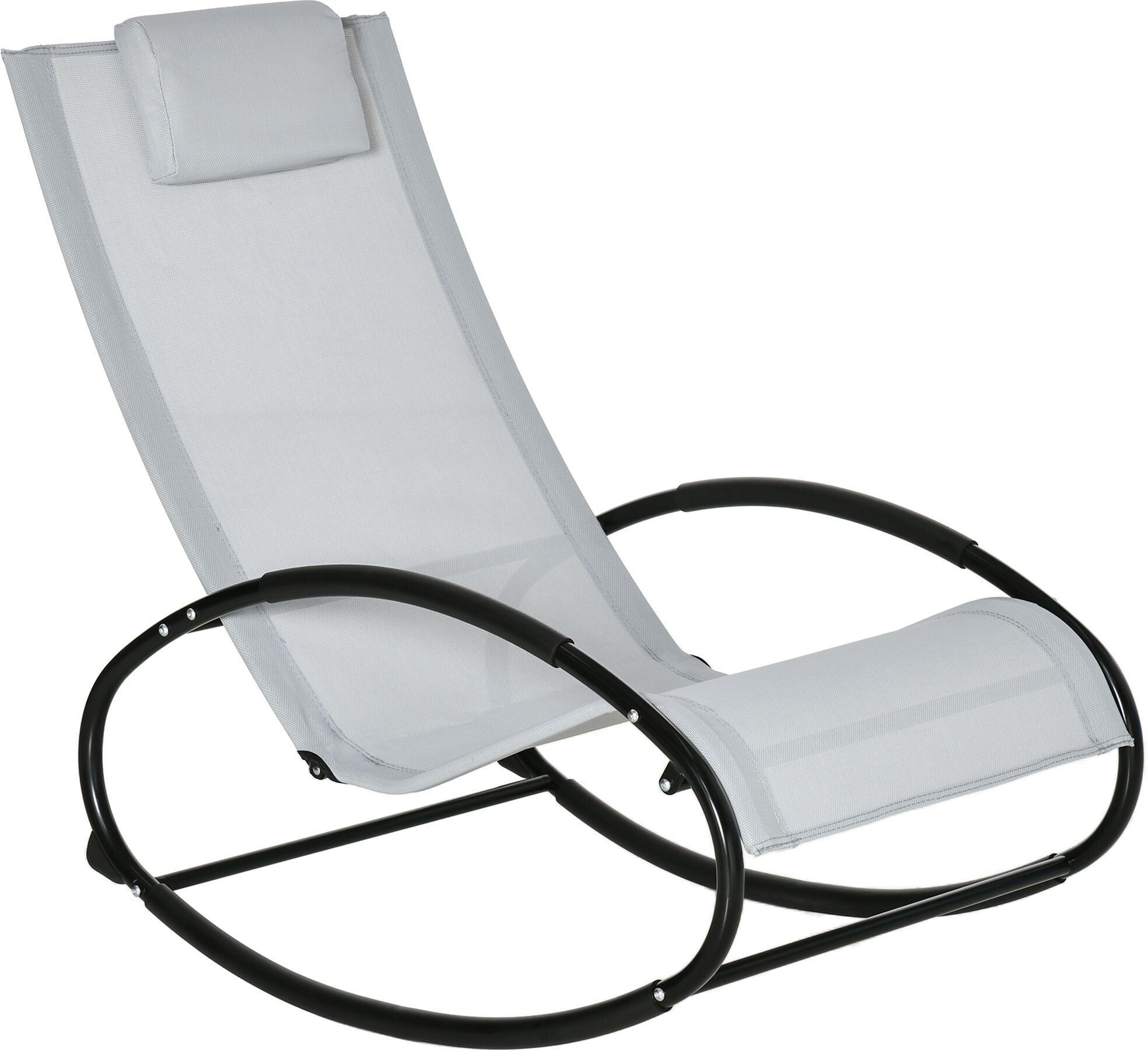 Outsunny Patio Rocking Chair, Outdoor Chaise Lounger with Headrest Pillow and Breathable Fabric for Backyard, Living Room, Deck and Poolside, Grey