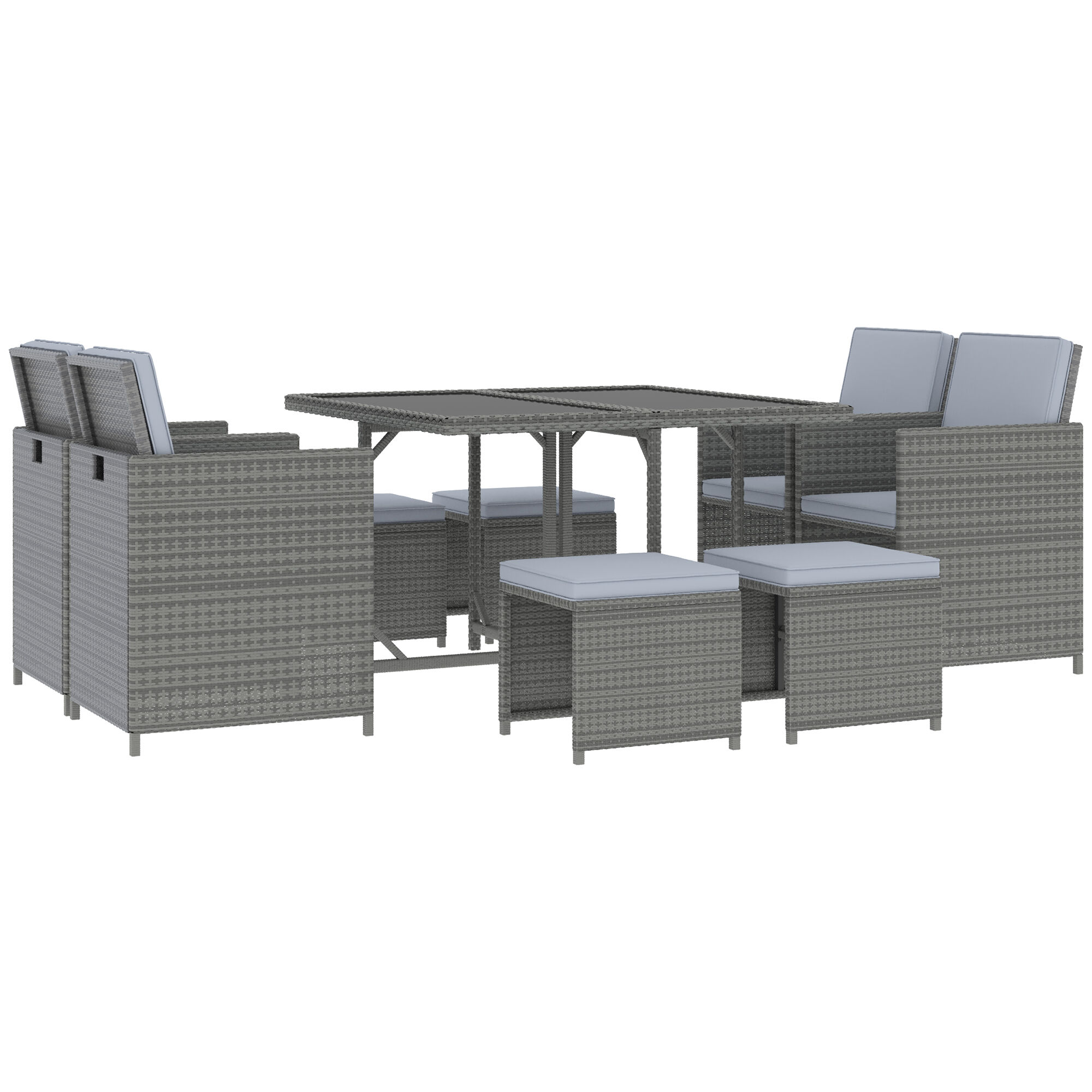 Outsunny 9 Piece Outdoor Rattan Wicker Dining Table and Chairs Furniture Set Space Saving Wicker Chairs w/ Cushions Grey