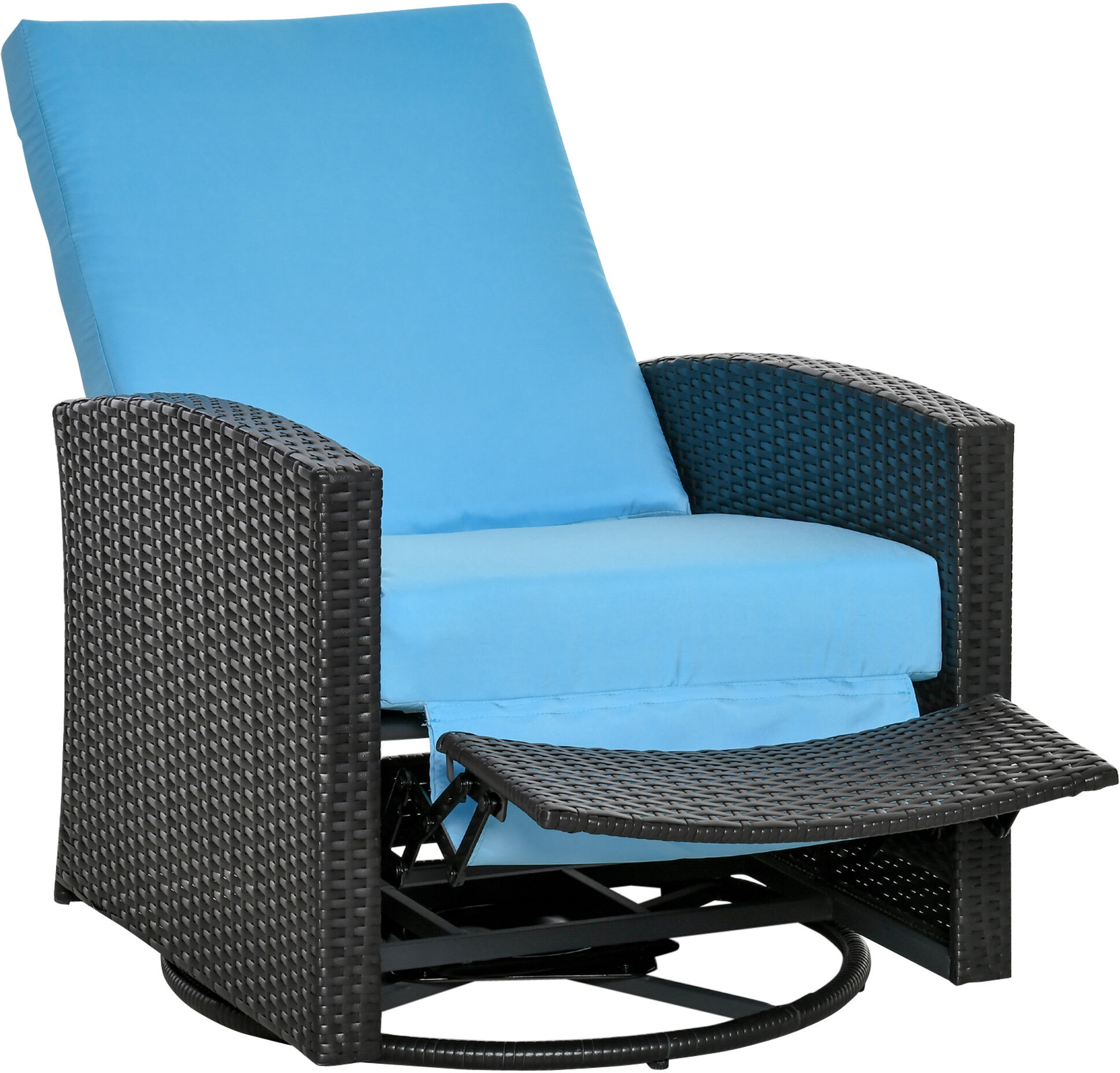 Outsunny Patio Wicker Recliner Chair with Footrest, Outdoor PE Rattan 360° Swivel Chair with Soft Cushion, Lounge Chair for Patio, Light Blue